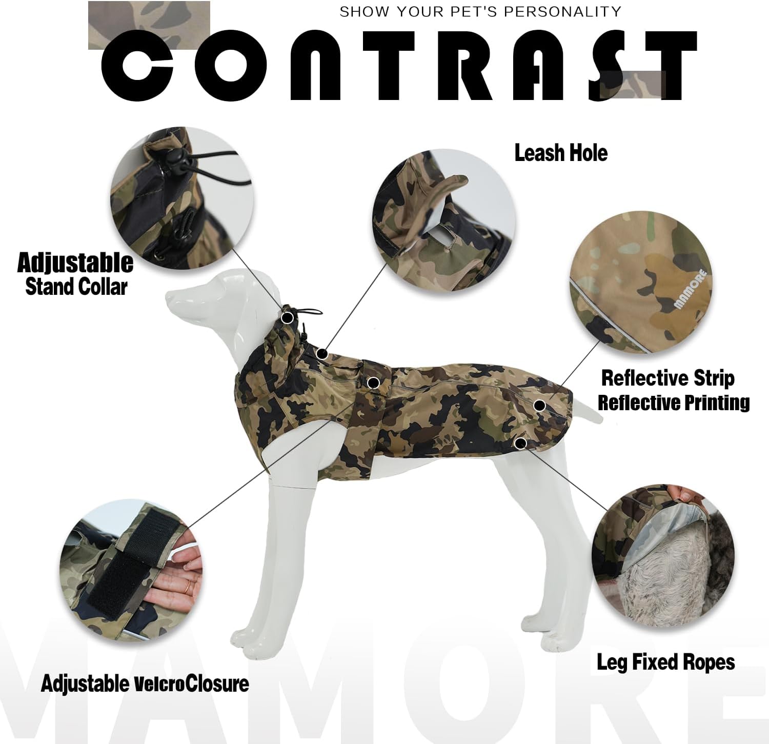 Waterproof Dog Raincoat with Reflective Strip, Adjustable Breathable Rain Coat Jacket with Leash Hole for Dogs (Camo, Large)