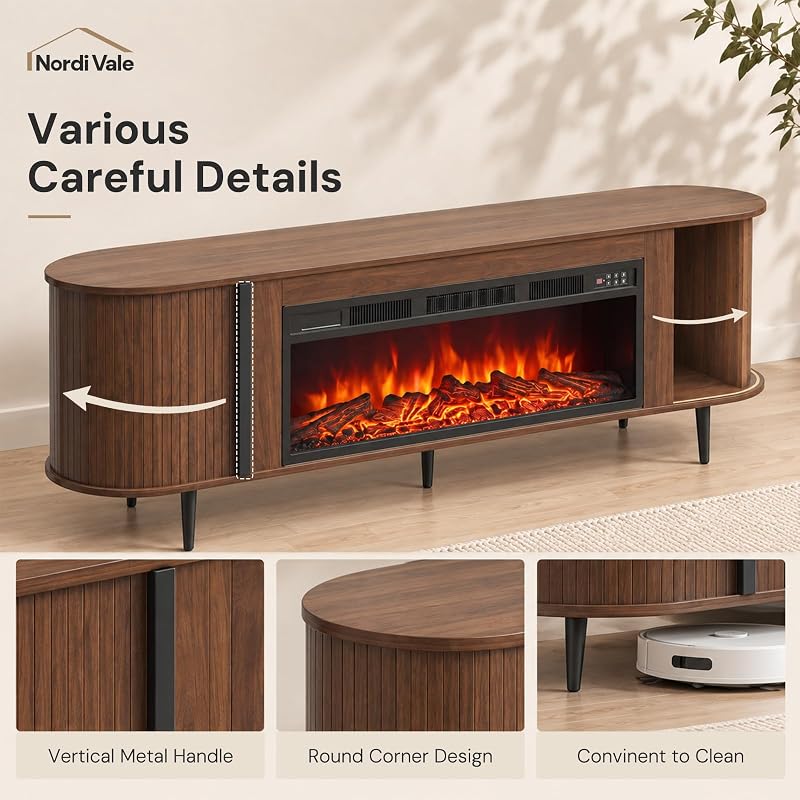 Luxury Fluted TV Stand with Fireplace, 70 inch, Brown image 3