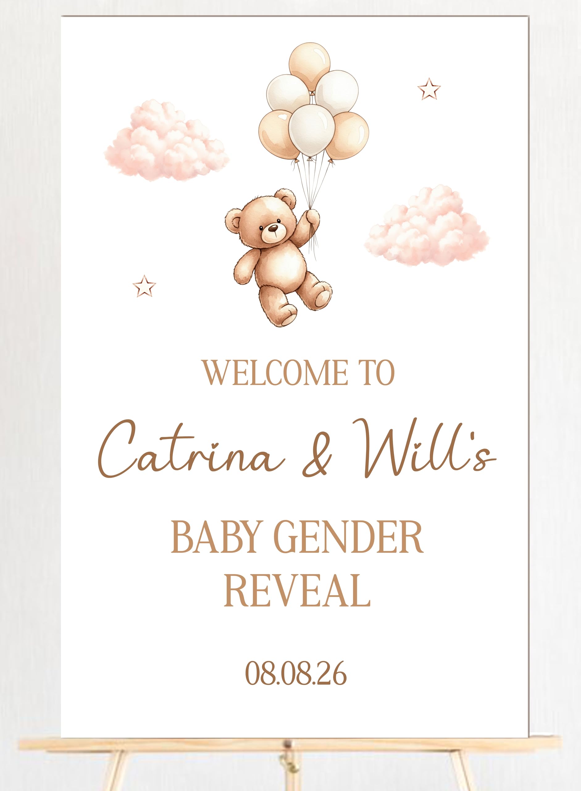 Neutral Baby Gender Reveal Board Wood Floral & Teddy Designs Beige Yellow Custom Names Date Personalised Welcome Sign for Boy or Girl Announcement Party (Teddy with Balloons)