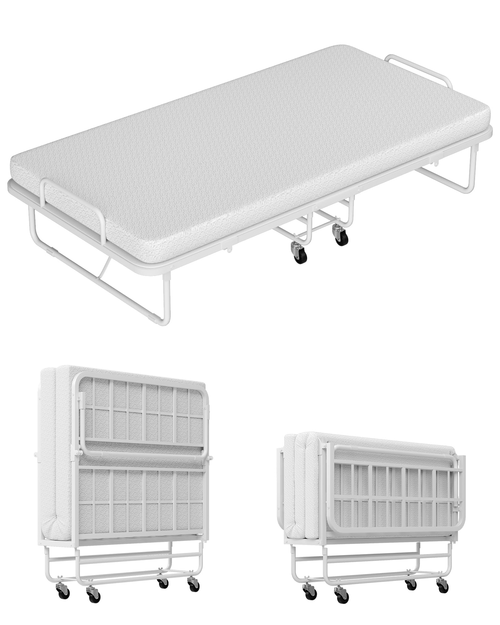 Ferlizer Cot Folding Bed with Mattress, Tri-Fold Design, 300lb Capacity, Adult Guest Bed with Wheels, Easy Rollaway & Hideaway, 31” Wide White