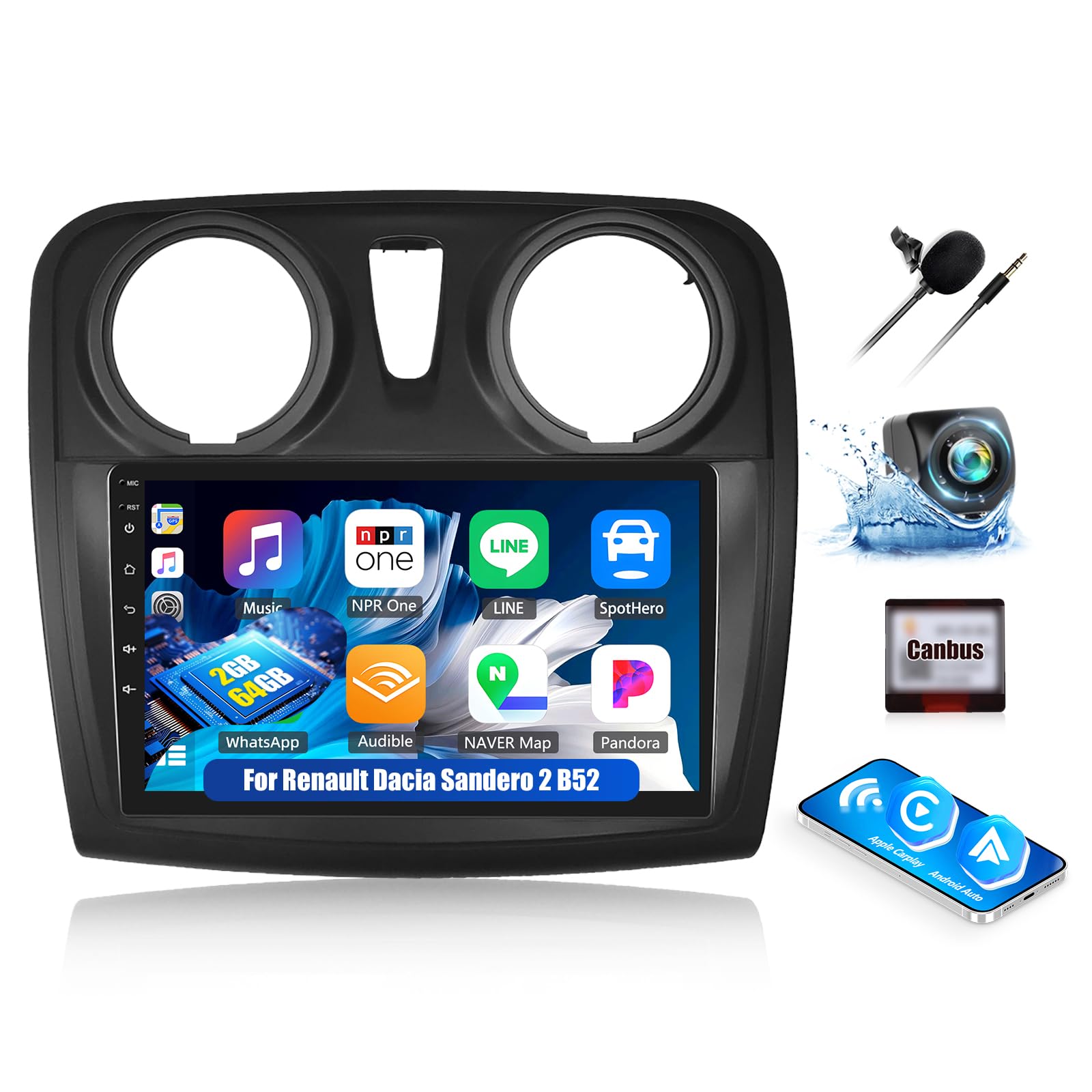 OiLiehu 2G+64G Android 13 Autoradio pour Renault Dacia Sandero 2 B52 2012-2019 avec CarPlay Android Auto sans Fil, 9“ IPS Écran Tactile avec GPS WiFi Lien Miroir Bluetooth FM/RDS EQ SWC Caméra Arrière