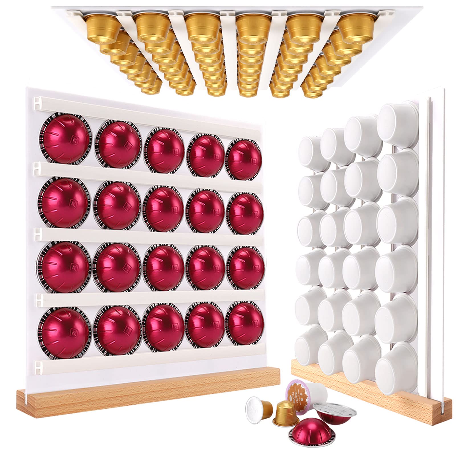 VOREN Coffee Pod Holder,K Cup Holder with Wood Base Suitable to be Installed Vertically or Horizontally,Coffee Storage Compatible K Cups/Original Pods/Vertuo and More for Kitchen, Home, Office, White