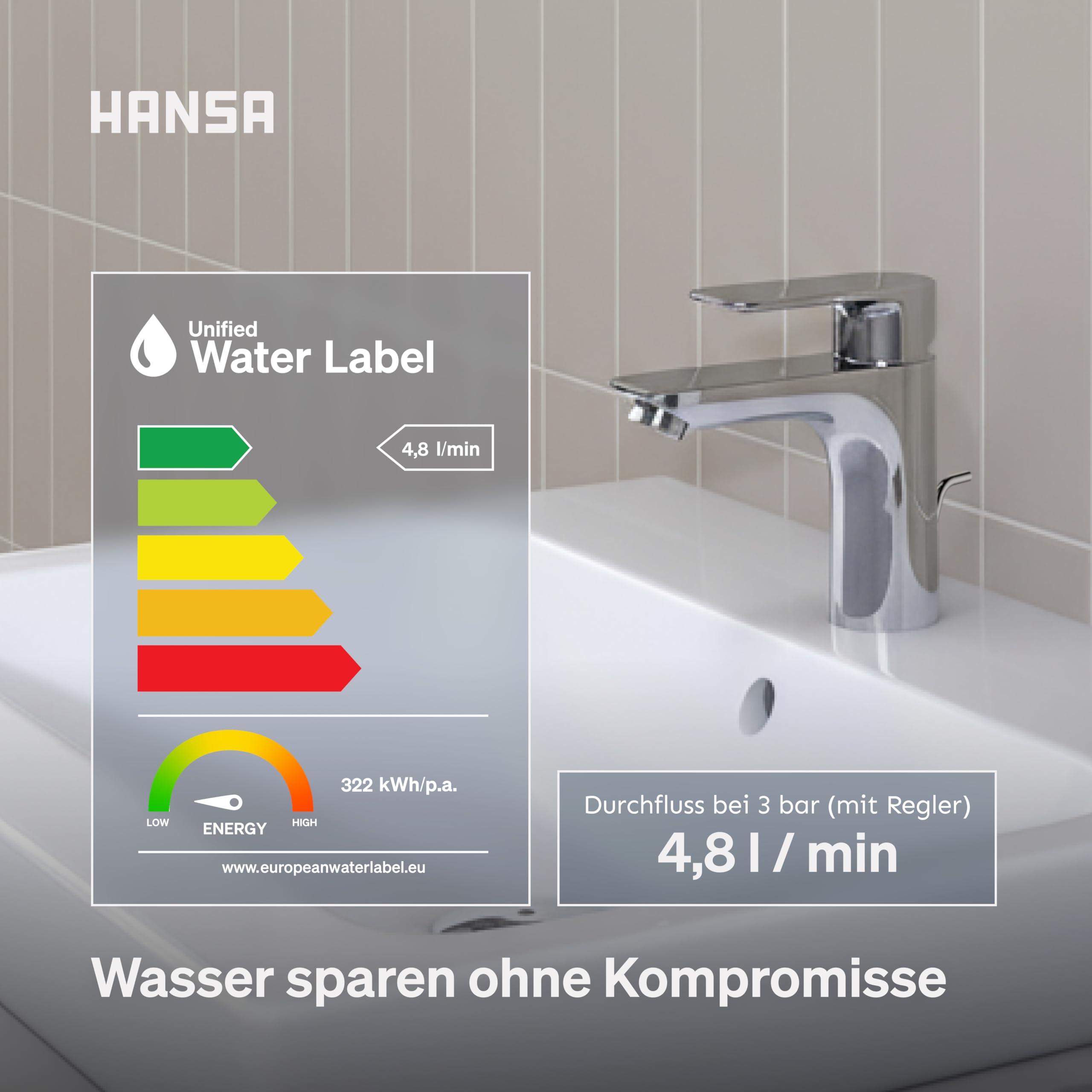 HANSA BASIC XL Waschtischarmatur I Einhebelmischer Waschbecken mit Temperatur & Mengenbegrenzer | XL-Size für mittelgroße bis große Bäder | Ablaufgarnitur mit Zugstange | Wasserhahn Badezimmer | Chrom