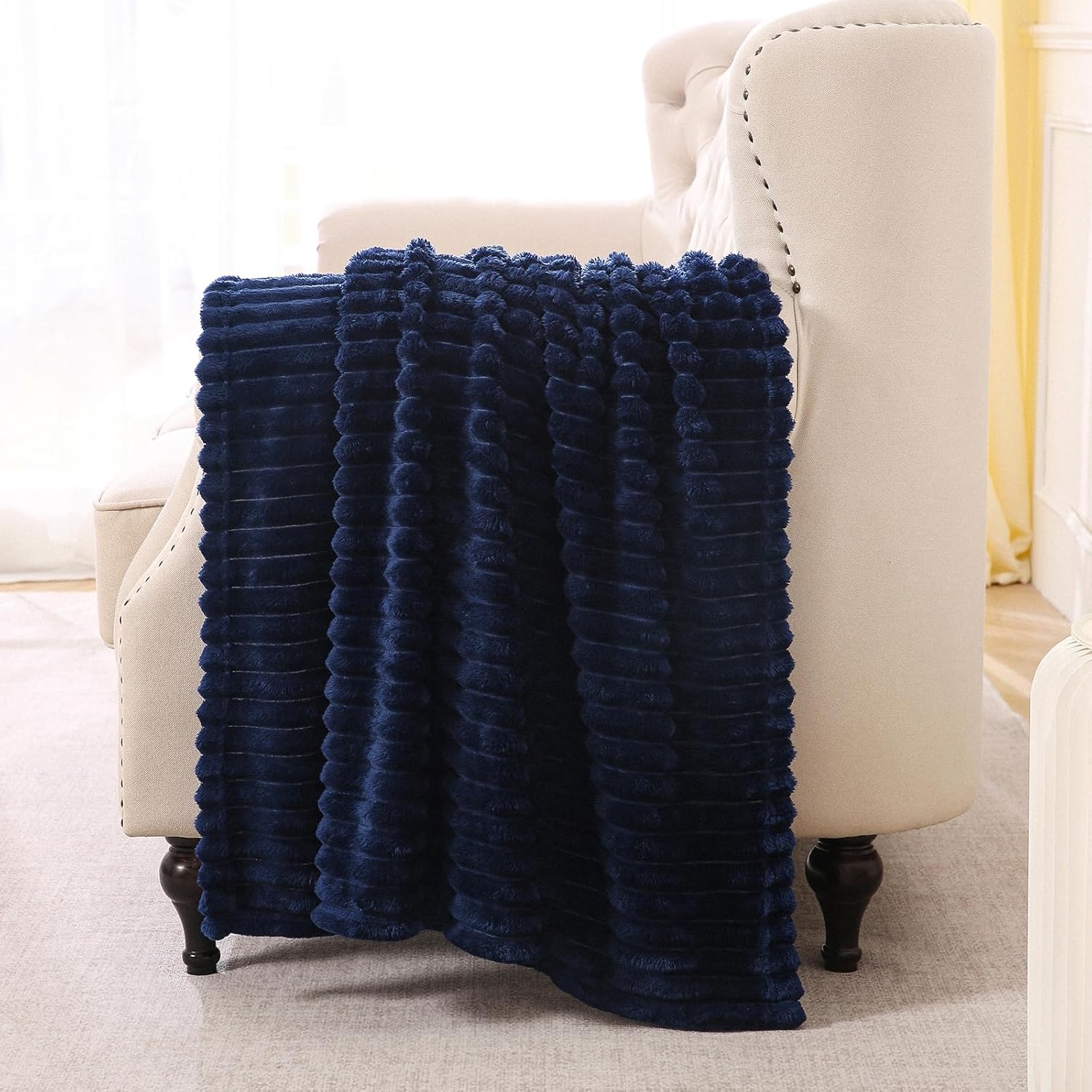 Navy Blue Fleece Throw Blanket 50”×60” for Couch Sofa Bed,Super Soft Cozy Plush Microfiber Flannel Blanket with Stripes Design Lightweight for Adults,Woman,Girls - Image 2