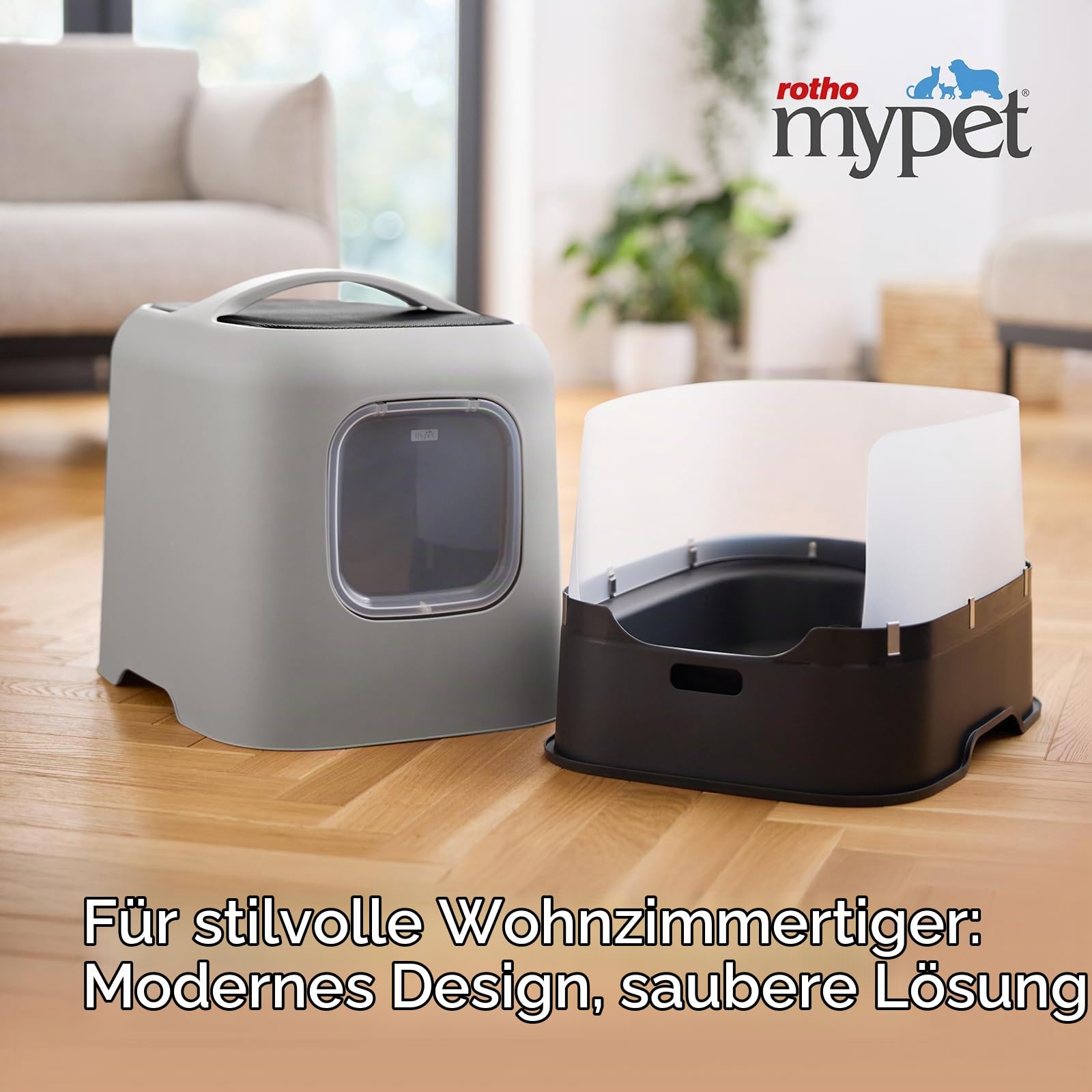 Rotho MyPet Bea Protect Katzenklo mit Deckel und Schaufel mit Filter Grau | Katzentoilette mit Haube, Aktivkohlefilter gegen Gerüche, Türmagnet, Spritzschutz bei hohem Urinstrahl, 4 Ersatzfilter