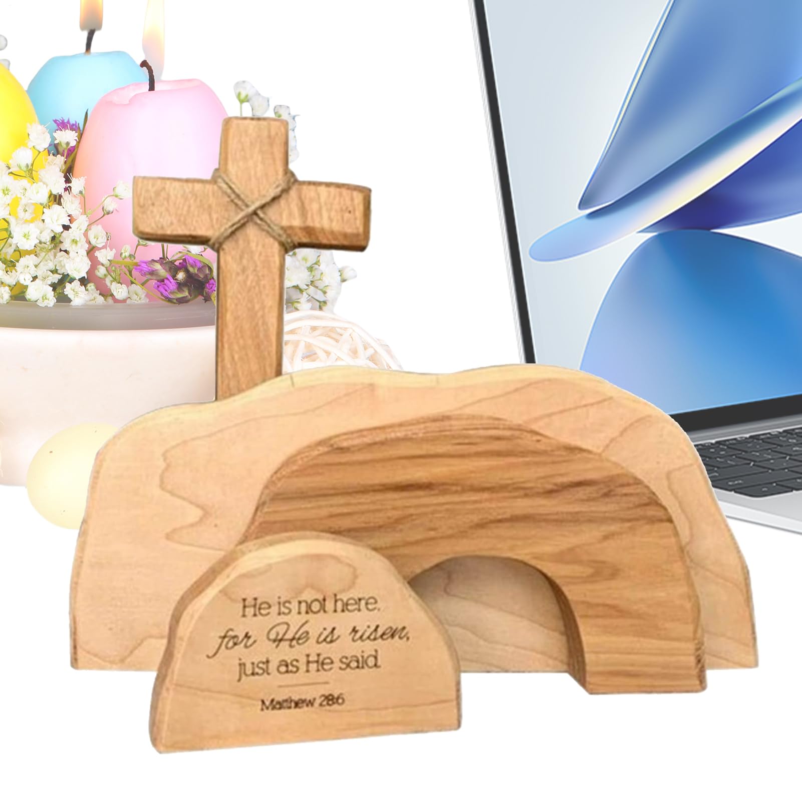 Decoración de Resurrección de Pascua artesanal con tumba vacía de madera para estantería