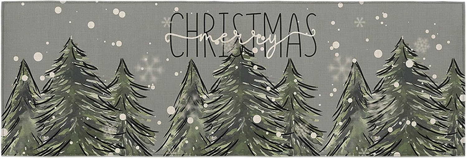 Christmas Tree 1 Piece Kitchen Runner Rug Non Skid Washable, Xmas Tree Winter Snowflake Grey Rustic Welcome Mat Low Profile Absorbent Doormat for Kitchen, Living Room, Entryway, 23.6" W x 70.9" L