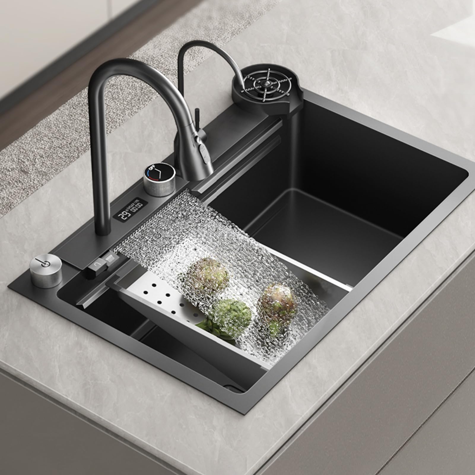 ZQFHSX 68x45cm Nano Stainless Steel Kitchen Sink – Single Bowl Workstation with Waterfall Pull-Out Faucet & Digital Display(Black-a,75x45cm)