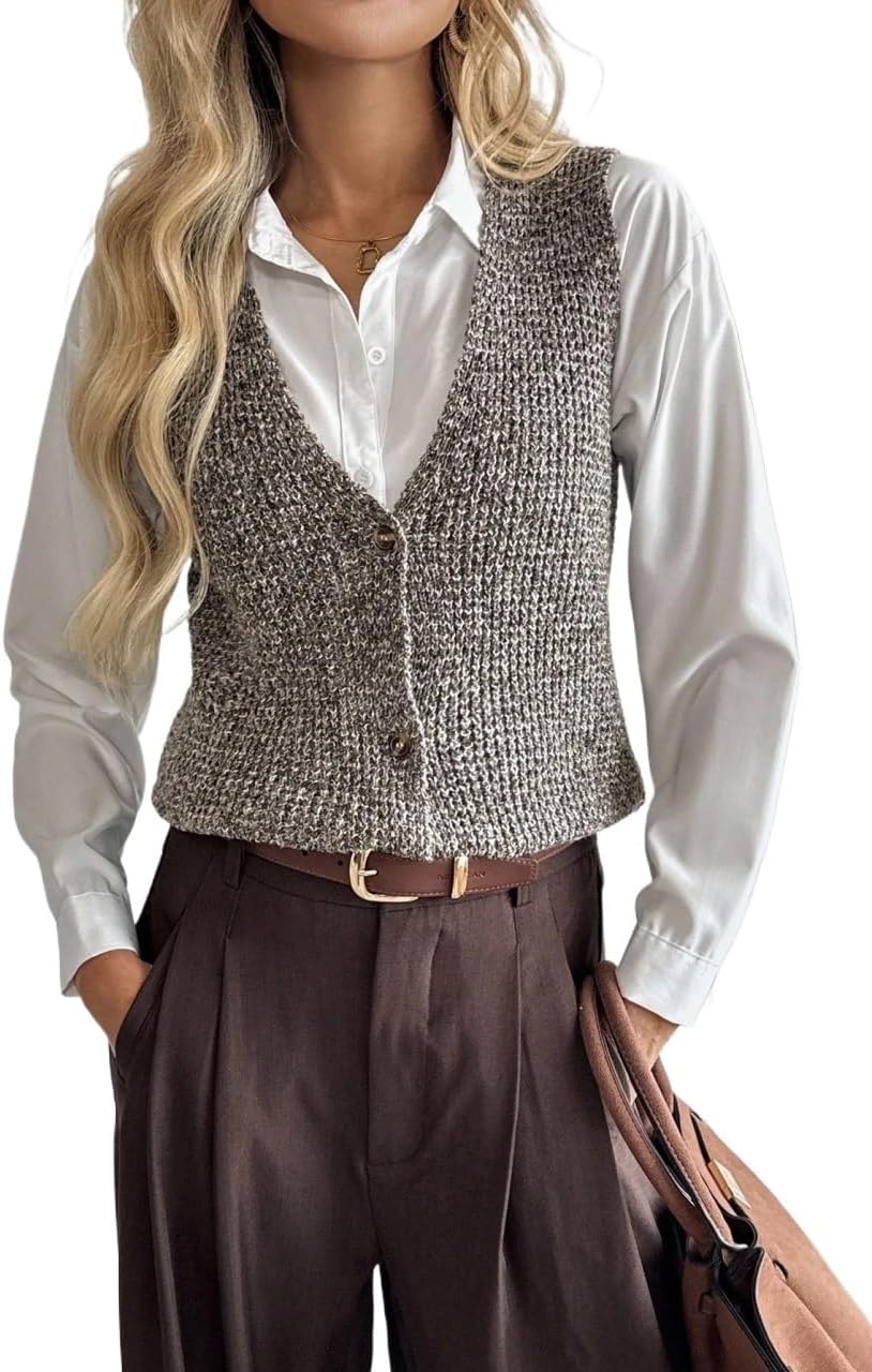 Women Fall Trendy Button Front Sleeveless Knit Vest Top Casual Loose Sweater Vest Sweater Vest Top