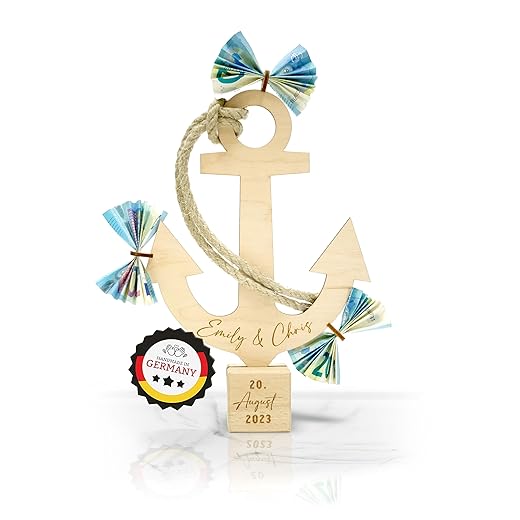 Personalisiertes Geld-Geschenk zur Hochzeit aus Holz mit Namen und Datum individuell graviert (Anker/Hafen der Ehe)