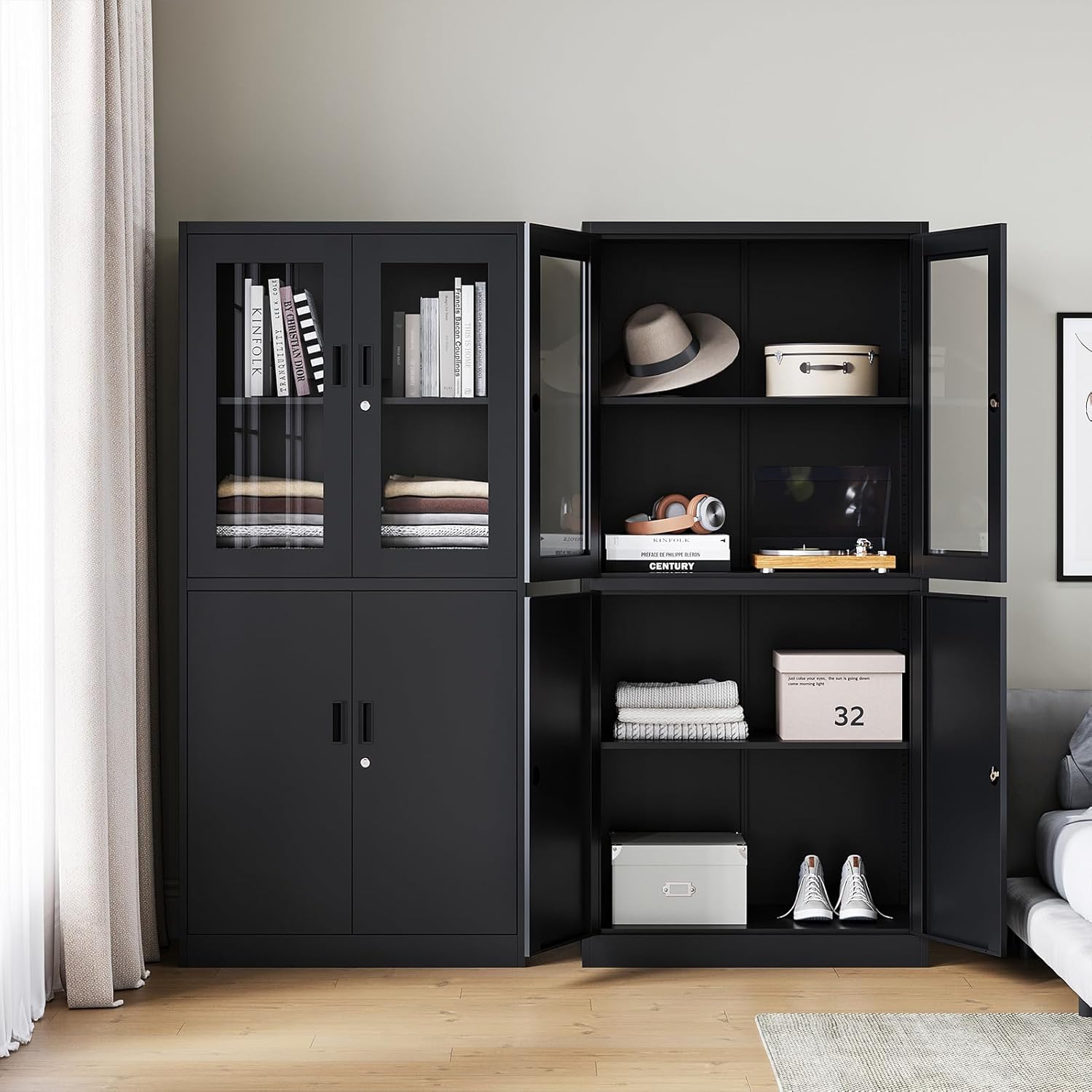 Yizosh Metal Storage Cabinet with Glass Doors - 71" Locking Display Cabinet with 2 Adjustable Shelves for Kitchen, Living Room,Dining Room (Black)