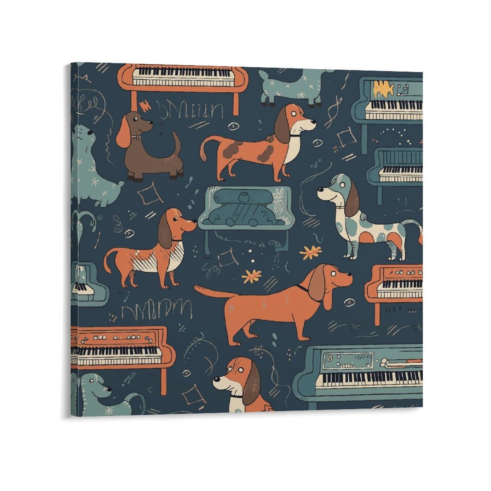 Dachshund And Piano Canvas Wall Art for Bedroom 20x20inch(50x50cm) Canvas Prints Artwork for Walls Modern Picture Artwork Painting for Living Room Aesthetic Wall Paintings for Bathroom Kitchen Office