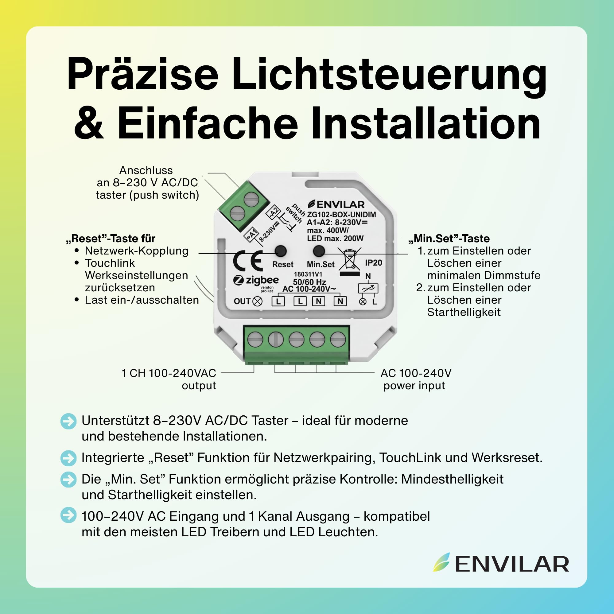 Zigbee 3.0 LED Dimmer 230V Unterputz – Smart Home Dimmer Schalter kompatibel mit Philips Hue, IKEA & Homey – Dimmaktor für Taster (0-200W) – Kompakter Zigbee Schalter (1)