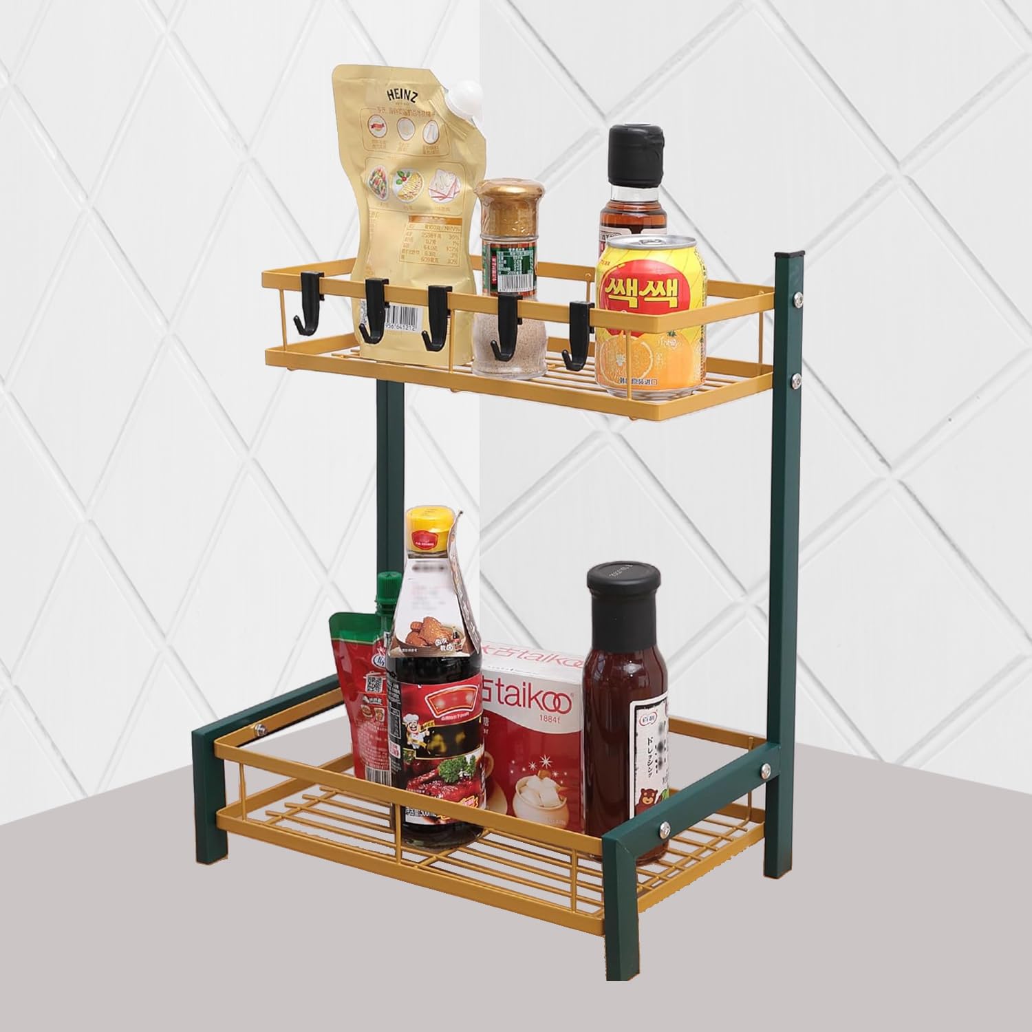 Kuber Industries 2-Layer Dish Drying Rack|Storage Rack for Kitchen Counter|Drainboard & Cutting Board Holder|Premium Utensils Basket (Gold & Green)