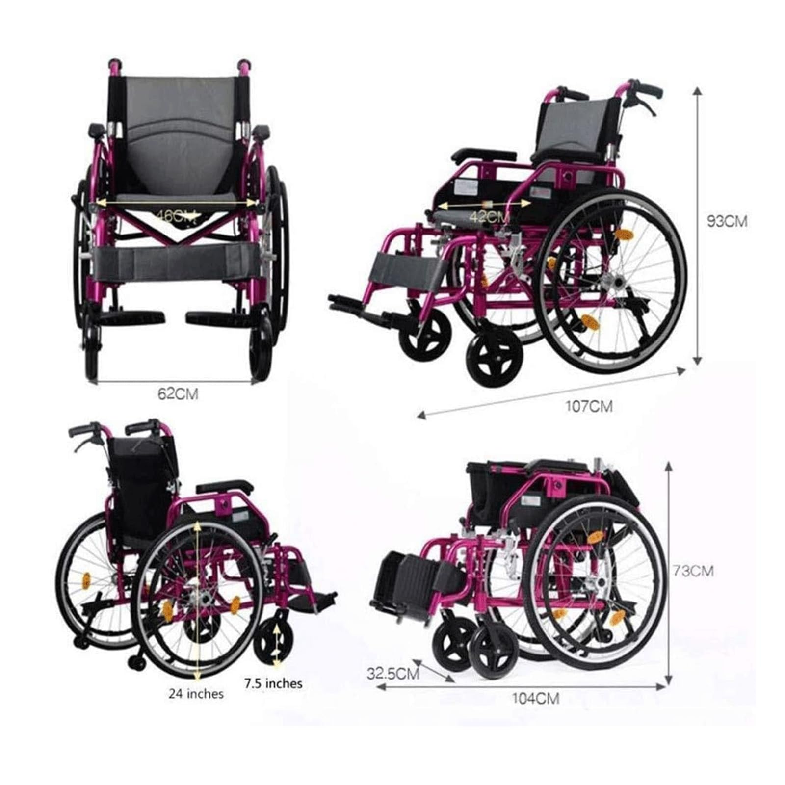 Silla de Ruedas Plegable Ultraligera Silla de Ruedas de Transporte Portátil Aluminio Deportes Silla de Ruedas Manual Autopropulsable/Red