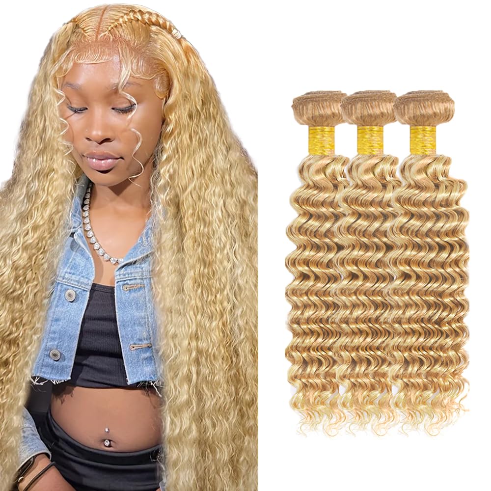 Creuost p27/613 Highlights Blonde Color Human Hair Bundles 26 28 30 Inch Can be Dyed Double Weft Brazilian Virgin Human Hair Extension Deep Wave Weave 3 Bundles Total 300g