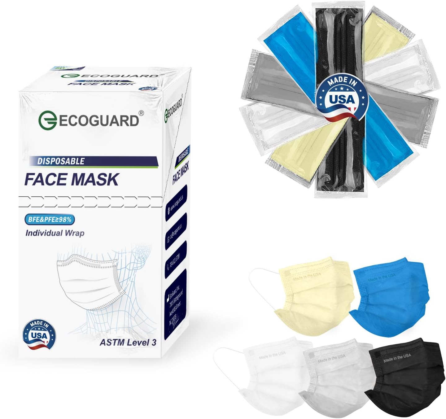 Disposable Face Masks Made in USA, 4 Ply for Families, Students, Breathable All-Day Wear & Safety, ASTM Level 3 Medical Grade, 50 Pack Individual Wrap, Colorful