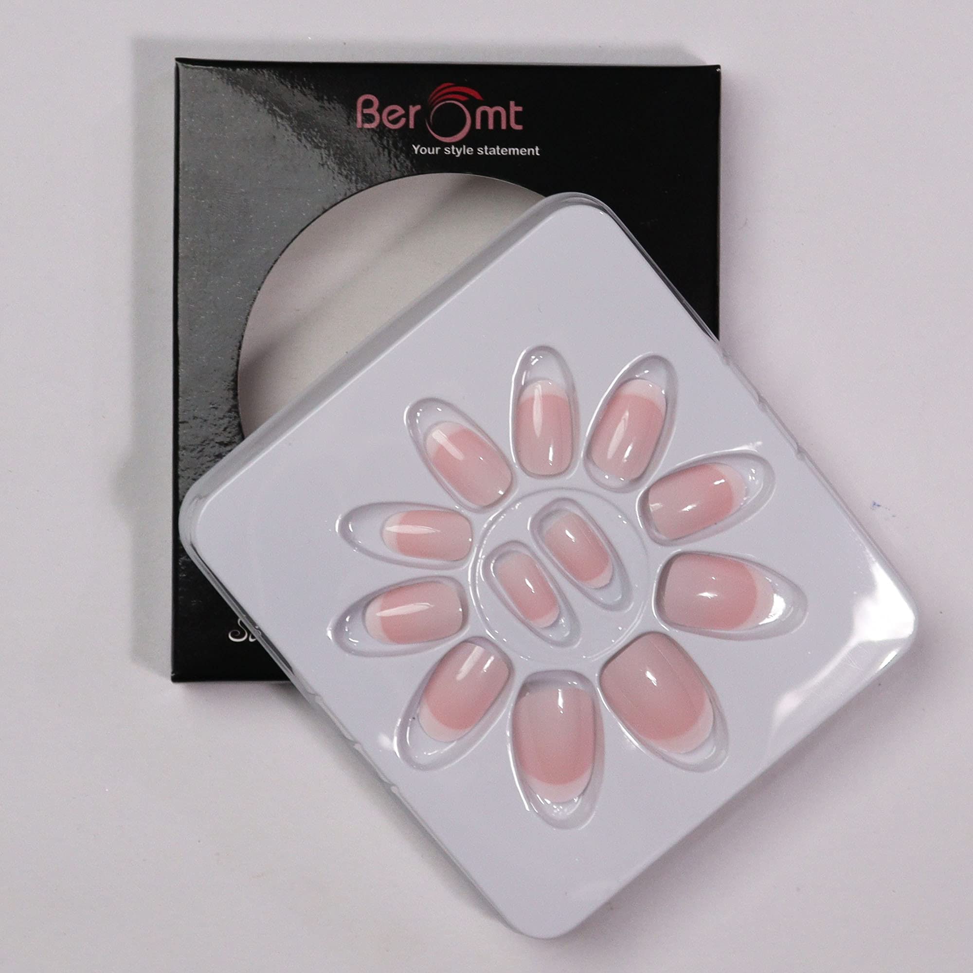 Beromt Reusable False French Beige Nails 12 Pcs Manicure At Home Gel finish French Bridal Nail Art Design Acrylic Full Fake Nail Tips with Glue Tab and Kit- BFN130FN