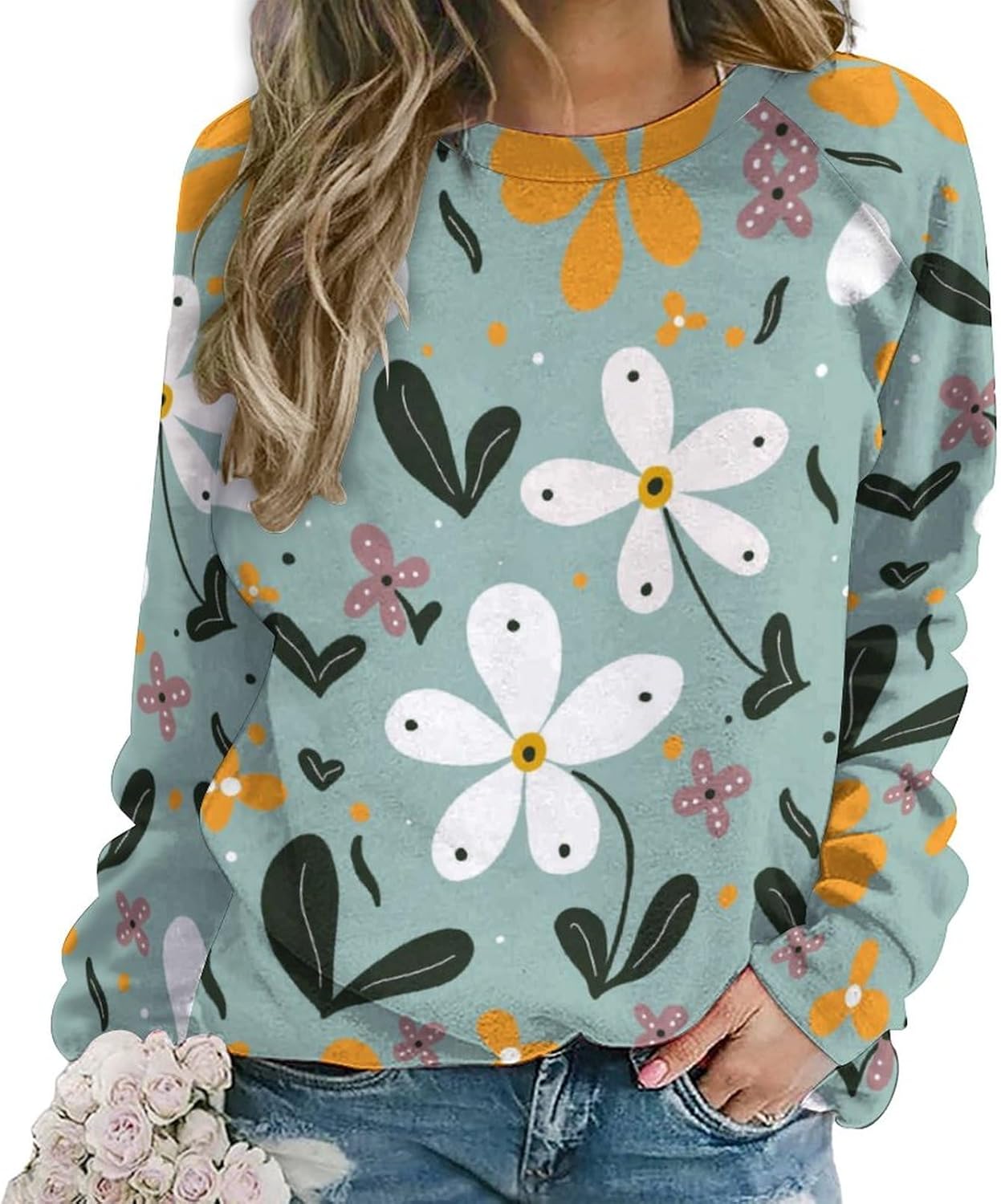 ZOCAVIA Womens Boho Floral Sweatshirts Novelty Graphic Crewneck Long Sleeve Shirts Oversized Fall Casual Flower Pullover Tops