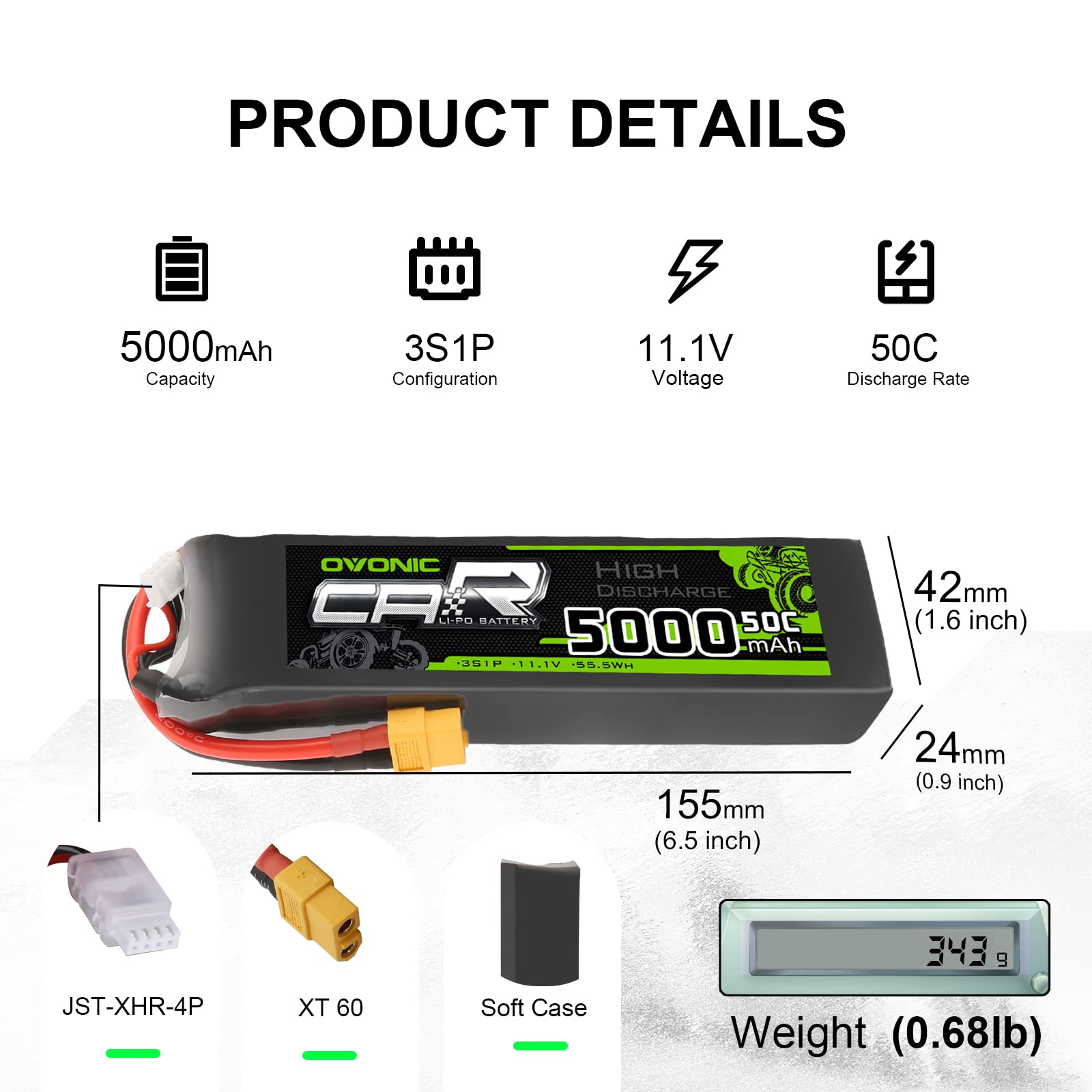 OVONIC 3S Lipo Batteria 50C 5000mAh 11.1V Lipo Batteria con connettore XT60 per RC Auto Barca Camion Heli Aereo Quadcopter Elicottero Multi-Motore Hobby Parti FAI DA TE