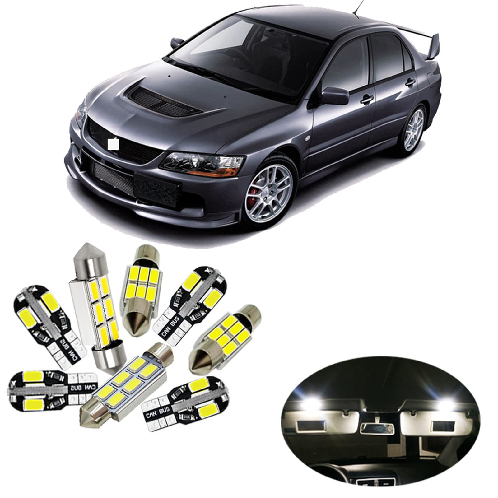8 pcs Blanc Voiture LED Ampoules Intérieur Paquet Kit, pour Mitsubishi Lancer 2007-2017 Carte Dôme Tronc Porte Plaque D'immatriculation Lampe