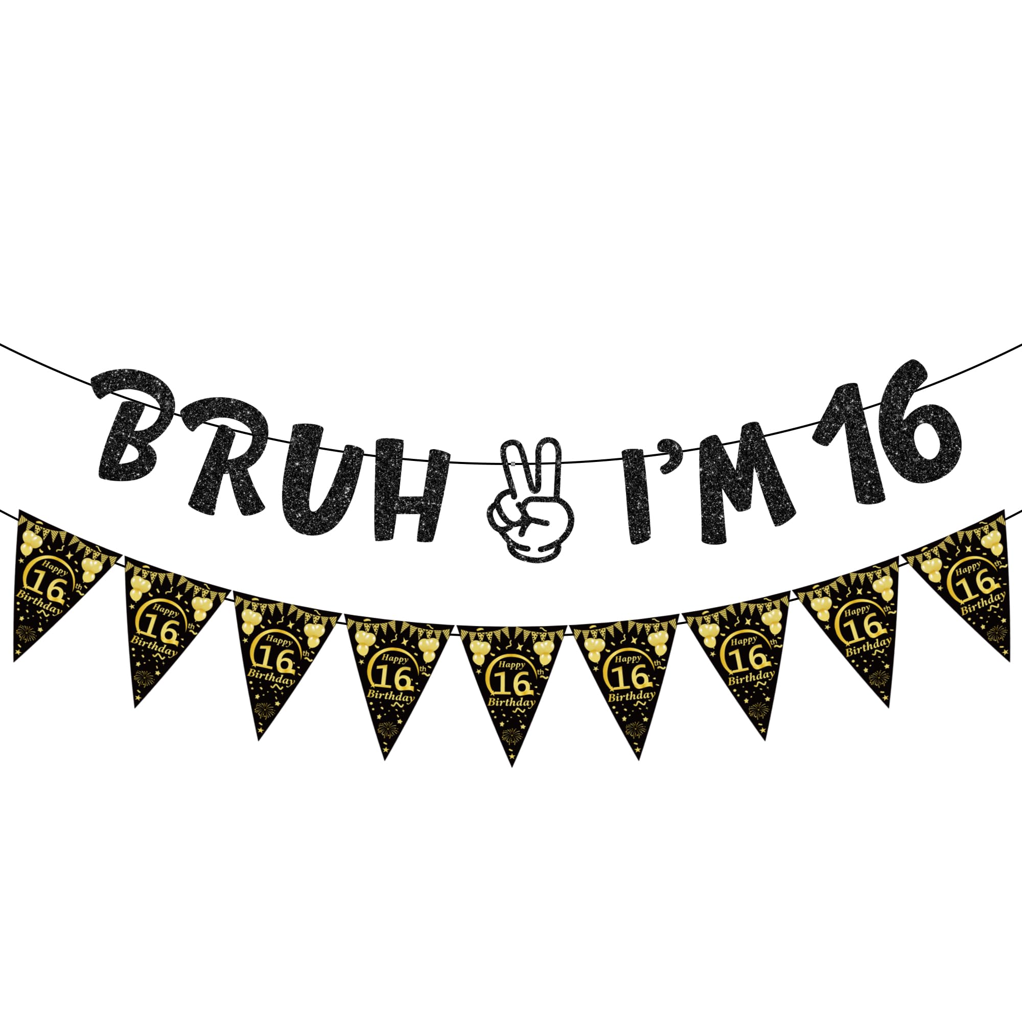 16th Birthday Decoration Banner Set - 2 Pcs Black Gold Bruh I'm 16 Funny Banners Number 16 Flag for Boys Girls Sweet Sixteen Years Old Birthday Decor Party Supplies