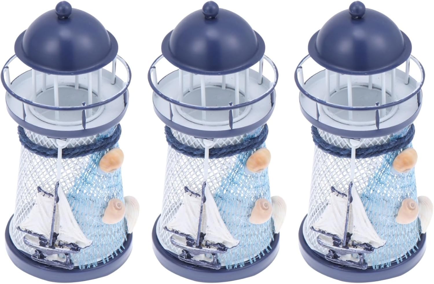 3 Pack Nautical Lighthouse Decor, 5.9" Mediterranean Light House Tea Light Candle Holder, Vintage Sailboat Shell Decorative Lighthouse Figurines for Home, Wedding,Sea Theme Party Coastal