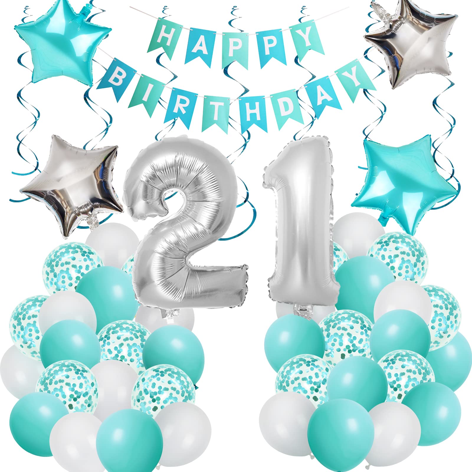 Teselife Teal Blue 21st Birthday Party Decorations, 33Pcs Balloon Set Supplies Big Number 21 with Happy Birthday Banner and Silver Star Foil Confetti Balloon for Girls Boys Women Men Children