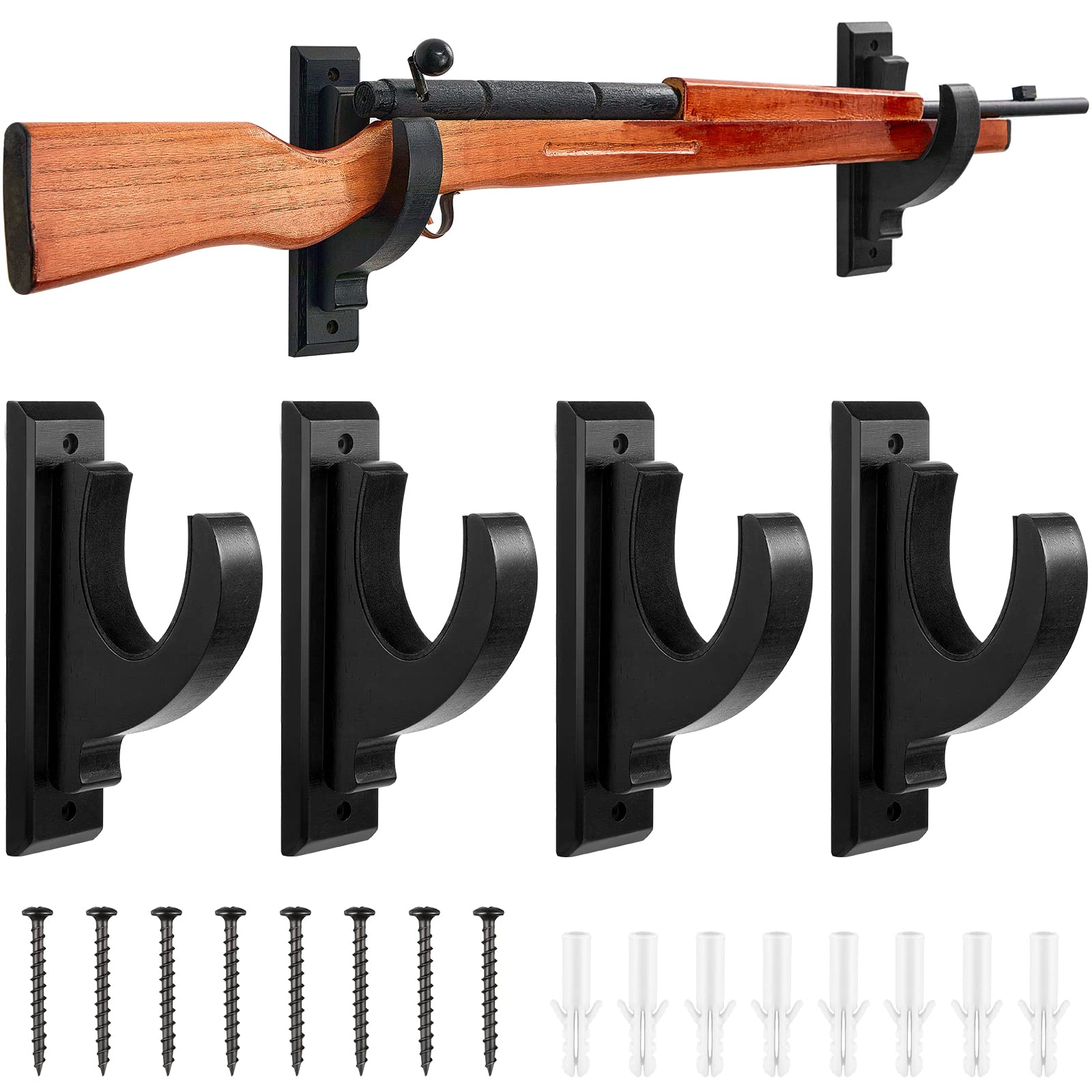 4 Pack Gun Rack Rifle Shotgun Bow Wood Rifle Stand Rustic Indoor Gun Hooks for Wall Horizontal Rifle Holder Solid Wooden Rifle Wall Mount Display Rifle Wall Hanger for Home Bedroom Office (Black)