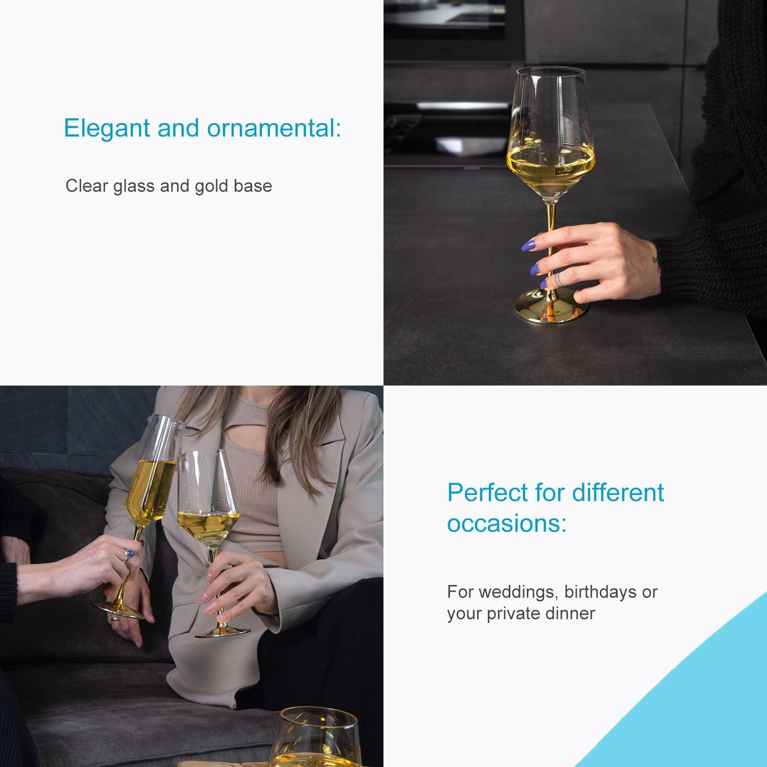 INTIRILIFE 6x Wein Glas mit goldfarbenem Stiel - 380 ml Füllmenge - Rotwein Weißwein Glas Kelch Kristallglas stoßfest
