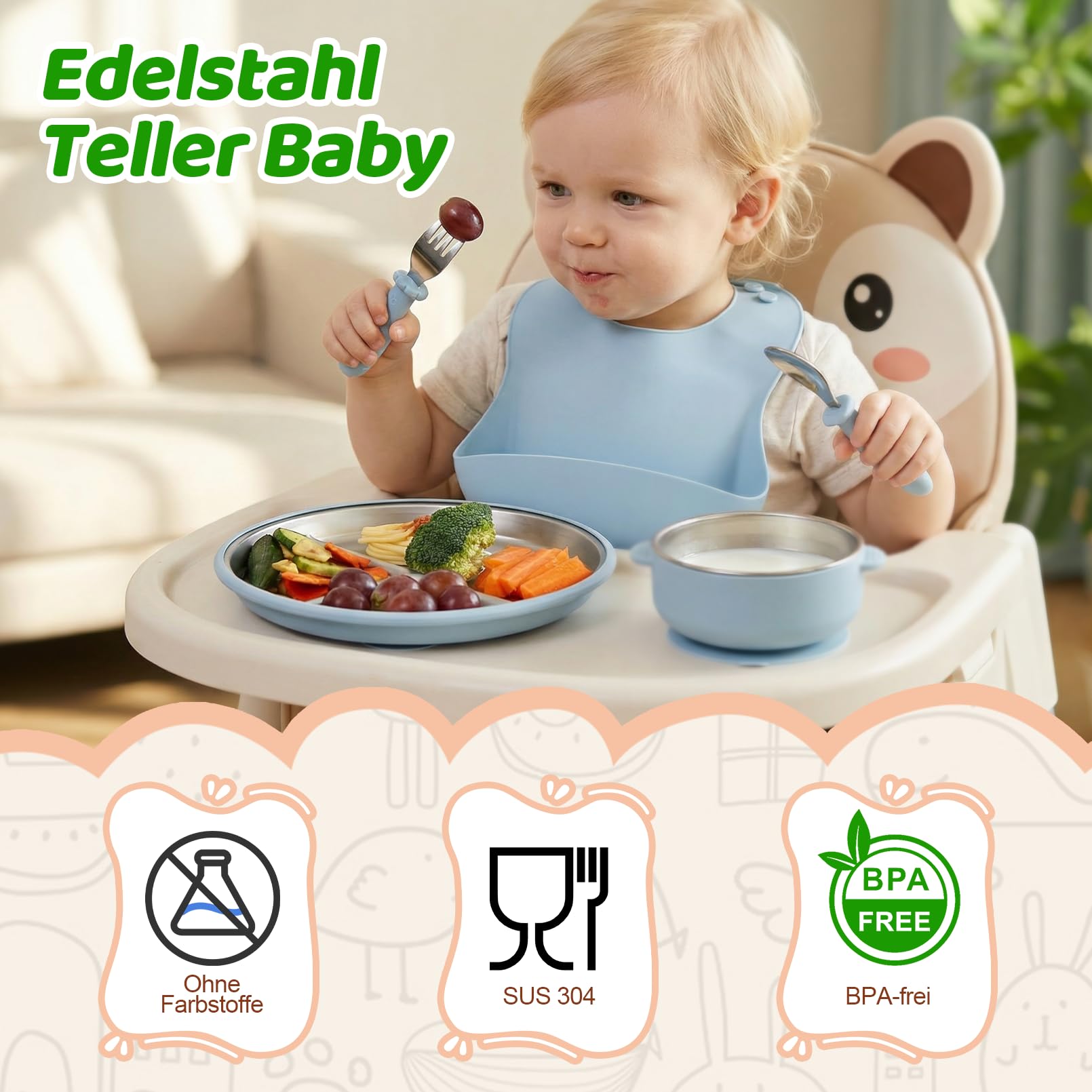 OXYEFEI Edelstahl Teller Baby,Kindergeschirr Set mit Tiermotiven Baby Teller mit Saugnapf Geburtstagsgeschenke für Babys, Taufgeschenke (Blau, Löwe)