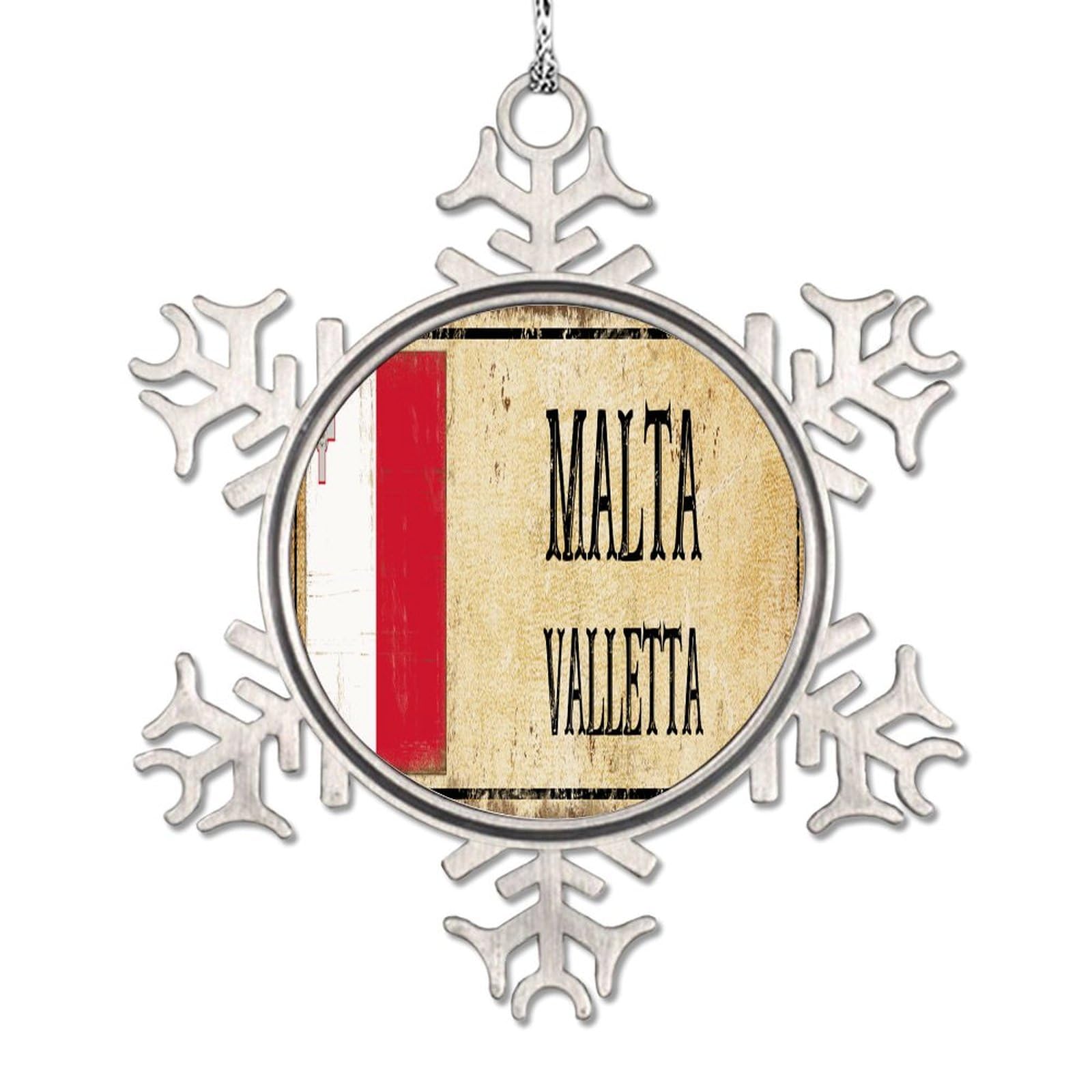 Lmmixee Malta Vlag Kerst Ornament 2023 VALLETTA Land Stad Souvenir Opknoping Sneeuwvlok Ornamenten Metalen Ornament voor Kerstboom Decor Kerst Keepsake Nieuwjaar Geschenken