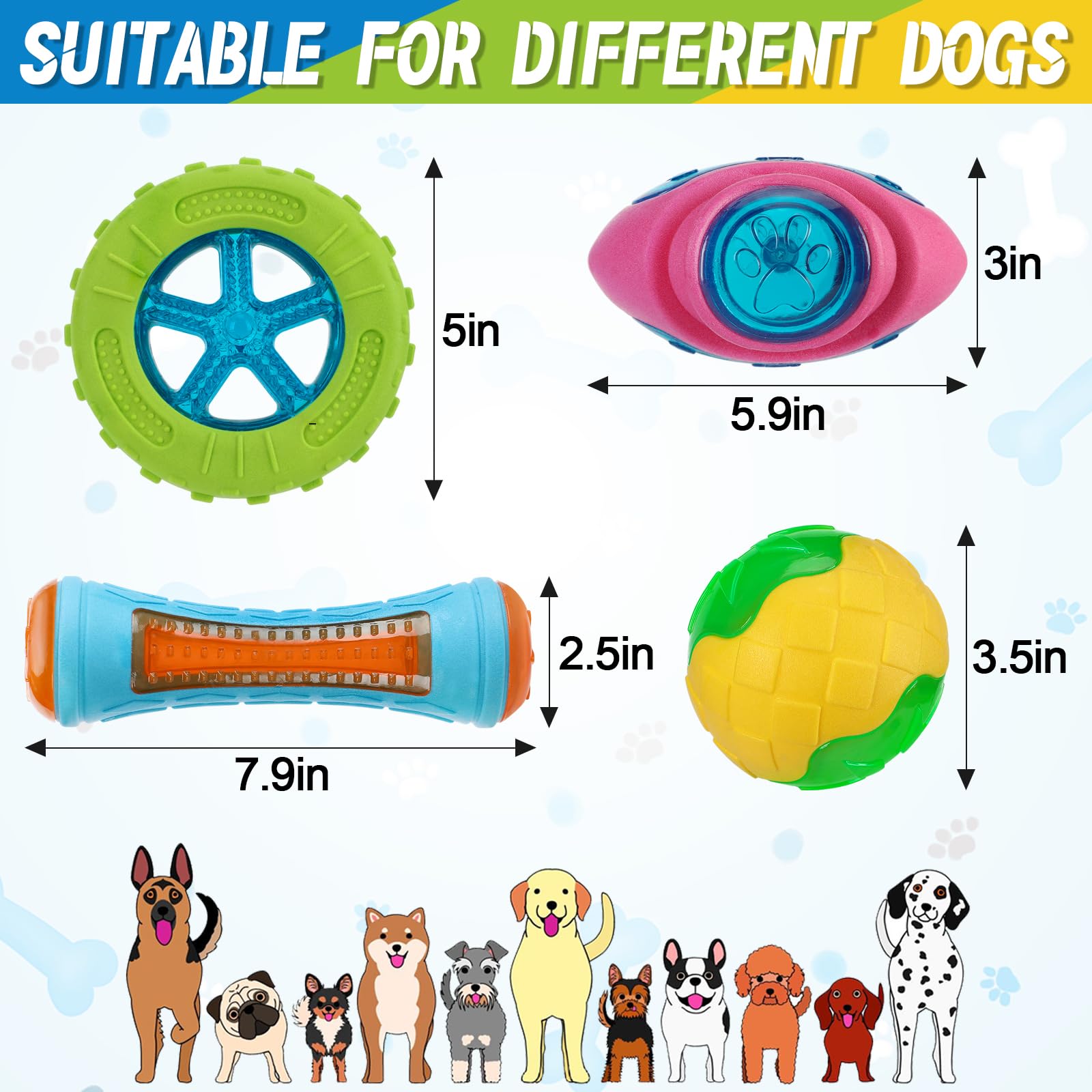 MEWTOGO 4 juguetes flotantes para piscina para perros, juguetes de agua chirriantes y brillantes para perros, juguetes interactivos de TPR seguros y duraderos para masticadores agresivos, perros
