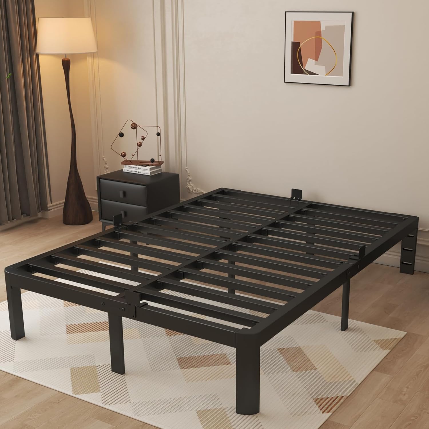 12 Inch Queen Bed Frame with Metal Gaskets, Black Bed Frame Queen Size No Box Spring Need, Heavy Duty Steel Platform Support to 3500LBS, Round Corner Design, Reserved Holes, Noiseless Queen 12 inch