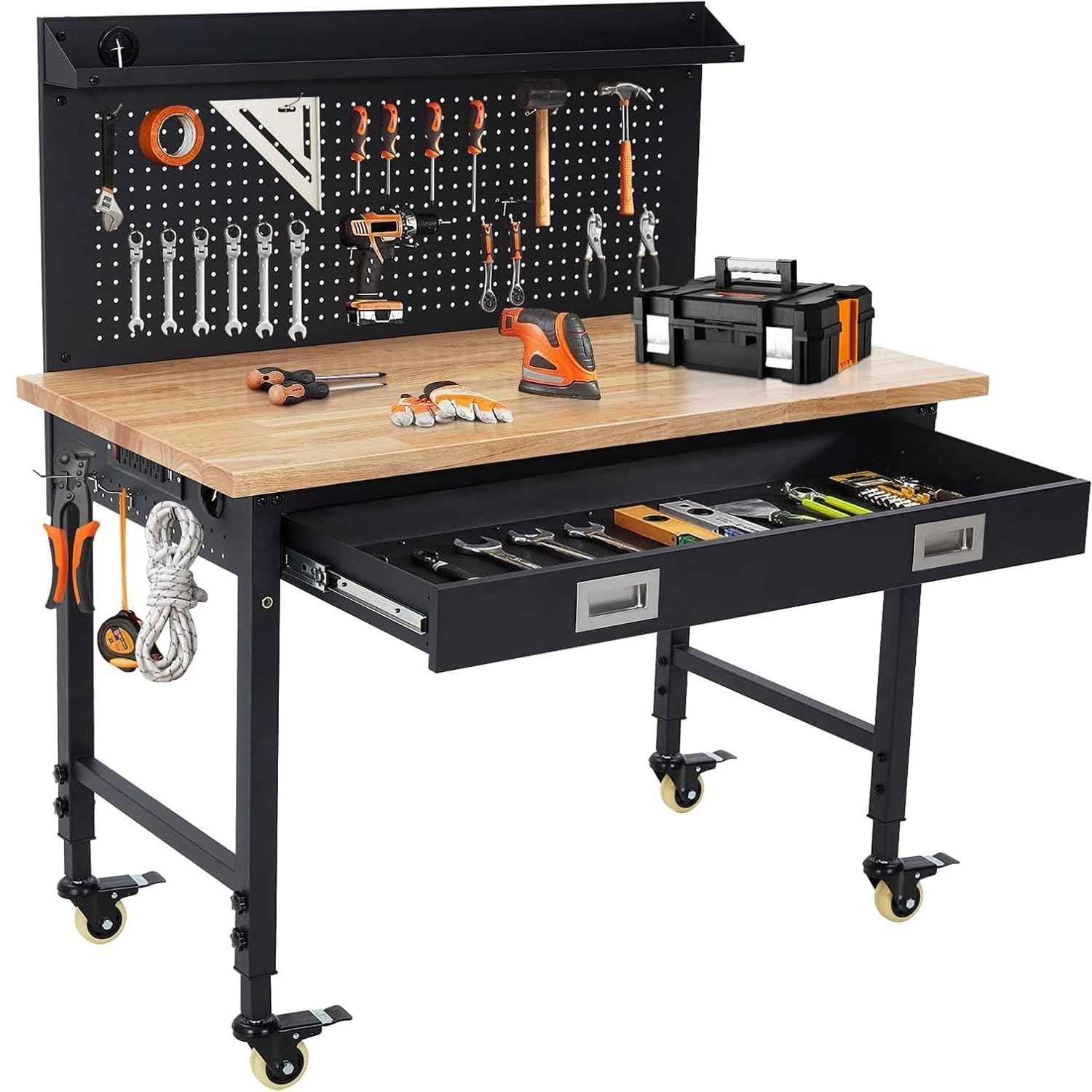 Heavy Duty Workbench with Pegboard, 72-100cm Height Adjustable Mobile Work Bench on Wheels with Power Strip, 907kg Capacity, Solid Oak Top & Drawers for Professional & DIY for Garage, Workshop & Sheds