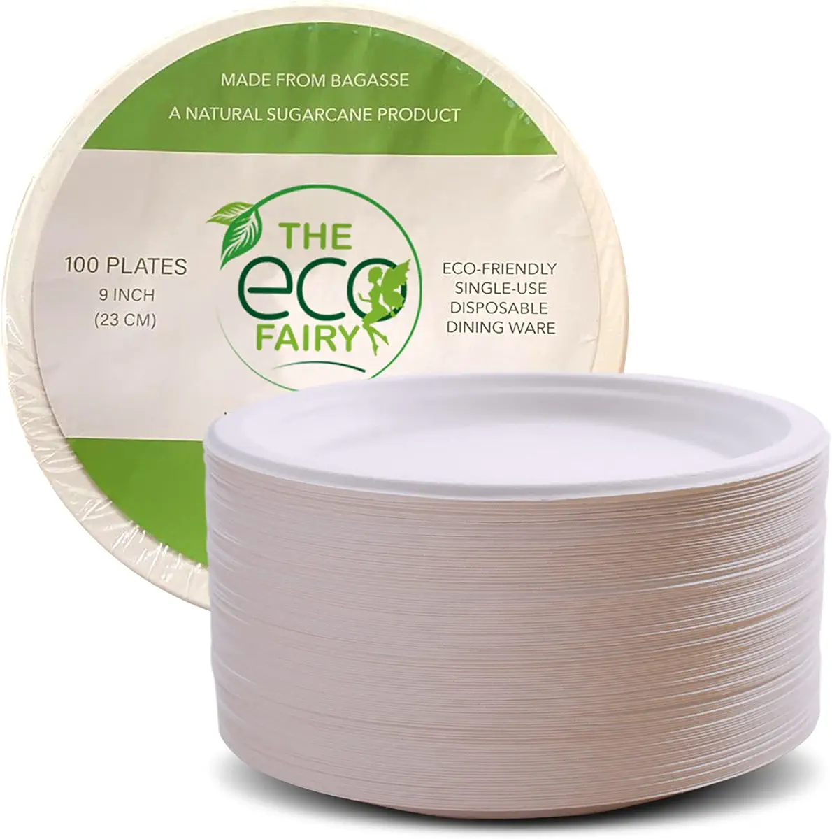 EcoFairy - 100-Piece Compostable Plates, Heavy-duty Sugarcane Bagasse Plates with 9in Diameter, Biodegradable Disposable Plates for Parties and Outdoor Trips