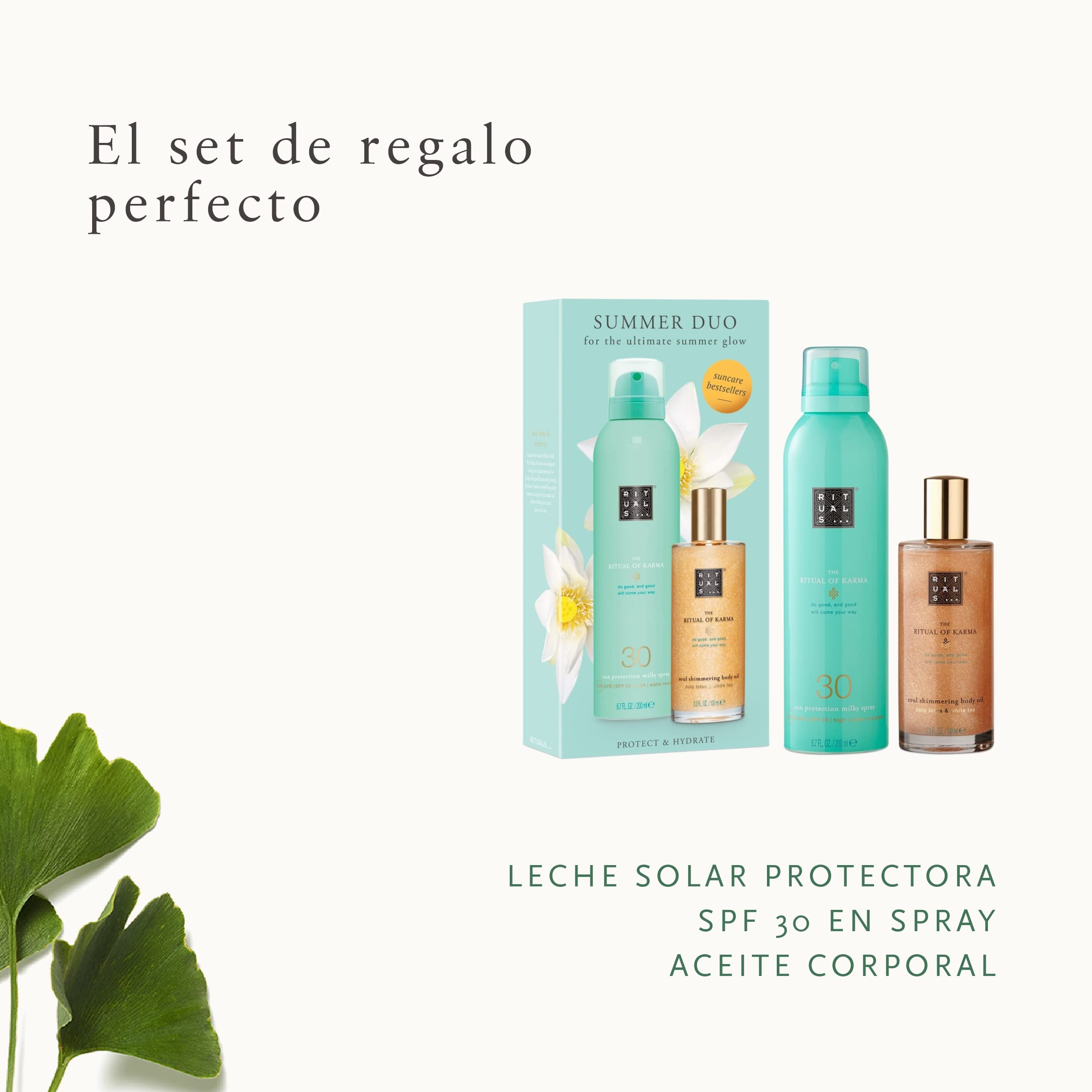 Set de Regalo RITUALS Summer Duo de The Ritual of Karma, con Loto Sagrado y Té Blanco - Propiedades Calmantes y Relajantes con Crema Solar de Factor 30 y Aceite Corporal Brillante