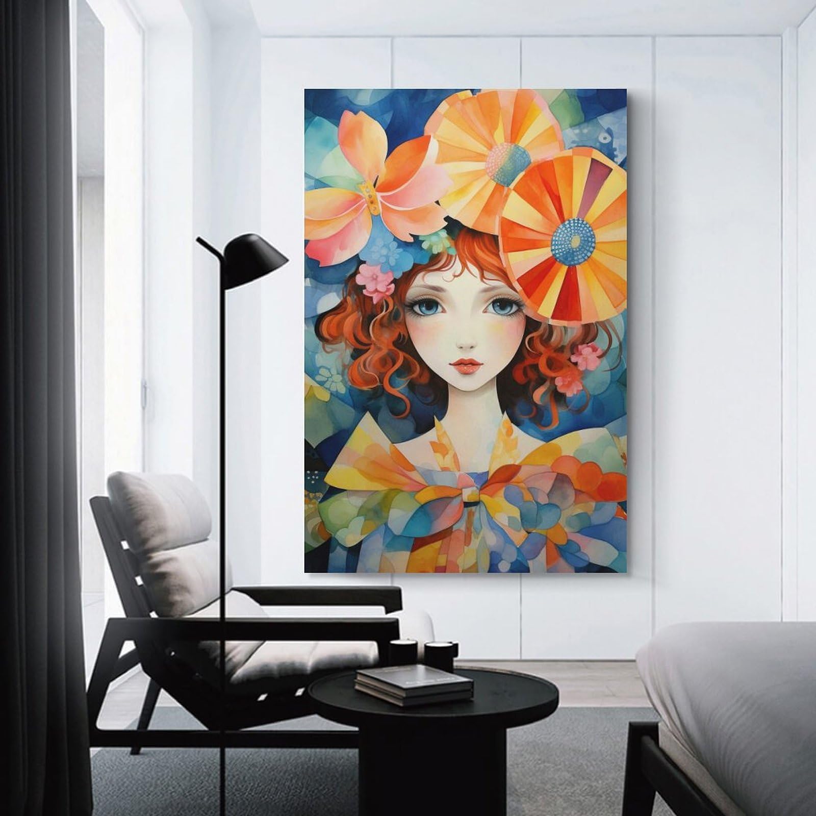 Junmoney Hanging Wall Art Watercolor Portrait with Floral Accents, 12x18inch(30x45cm), for Wall Displays, Bedrooms Or Room Updates, Decorative Artwork with Flexible Styling