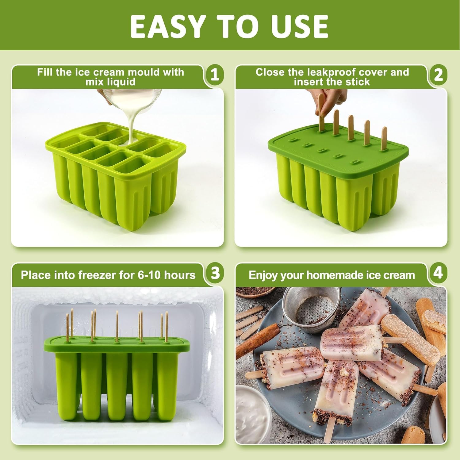 Eis Lolly Formen, 10 Hohlraum Popsicle Form mit 50 Stück Holzstäbchen, Silikon Ice Pop BPA freie Eis Formen & Kinder Sommer DIY Heimküche Werkzeuge (Grün)