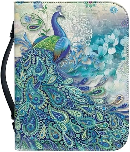 Miniatura 1 de SCRAWLGOD Bible Cover Leather with Bule Peacock Pattern,Bible Bag Case Carrying Book Case Church Bag Bible Protective with Handle,Perfect for