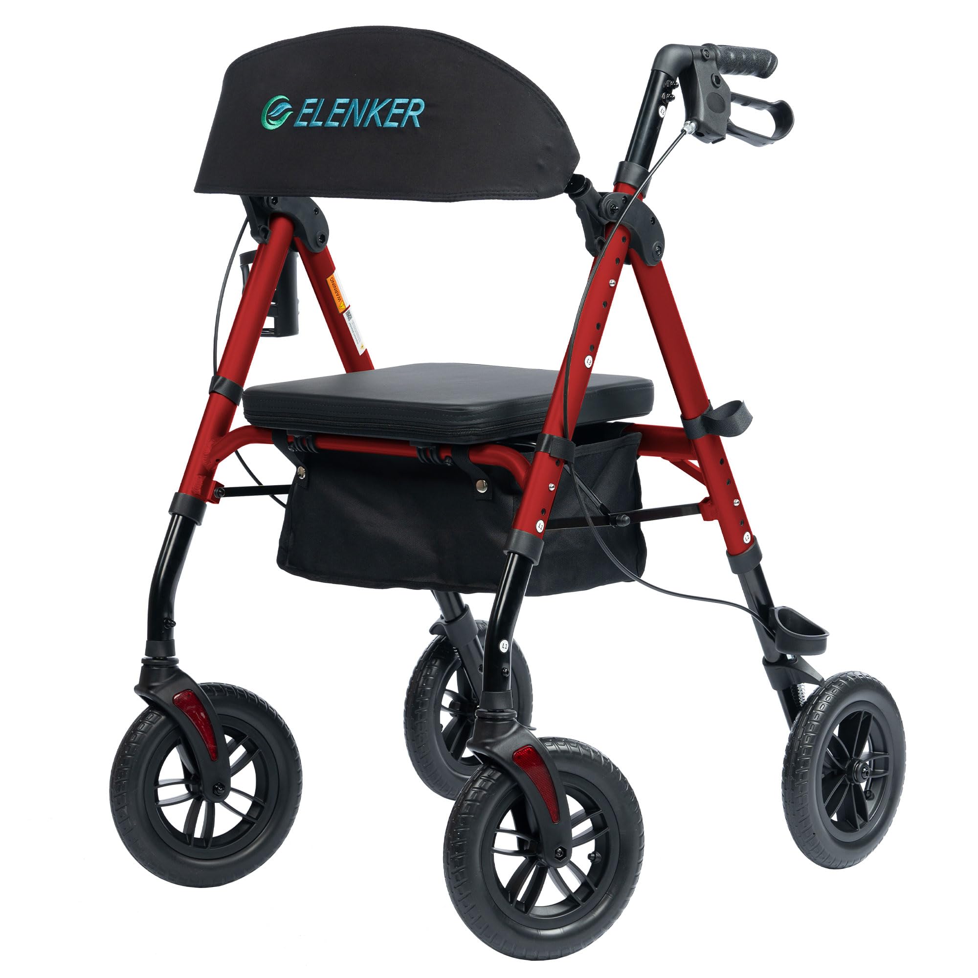 All-Terrain Rollator Walker with 10” Non-Pneumatic Wheels, Sponge Padded Seat and Backrest, Fully Adjustment Frame for Seniors, Red