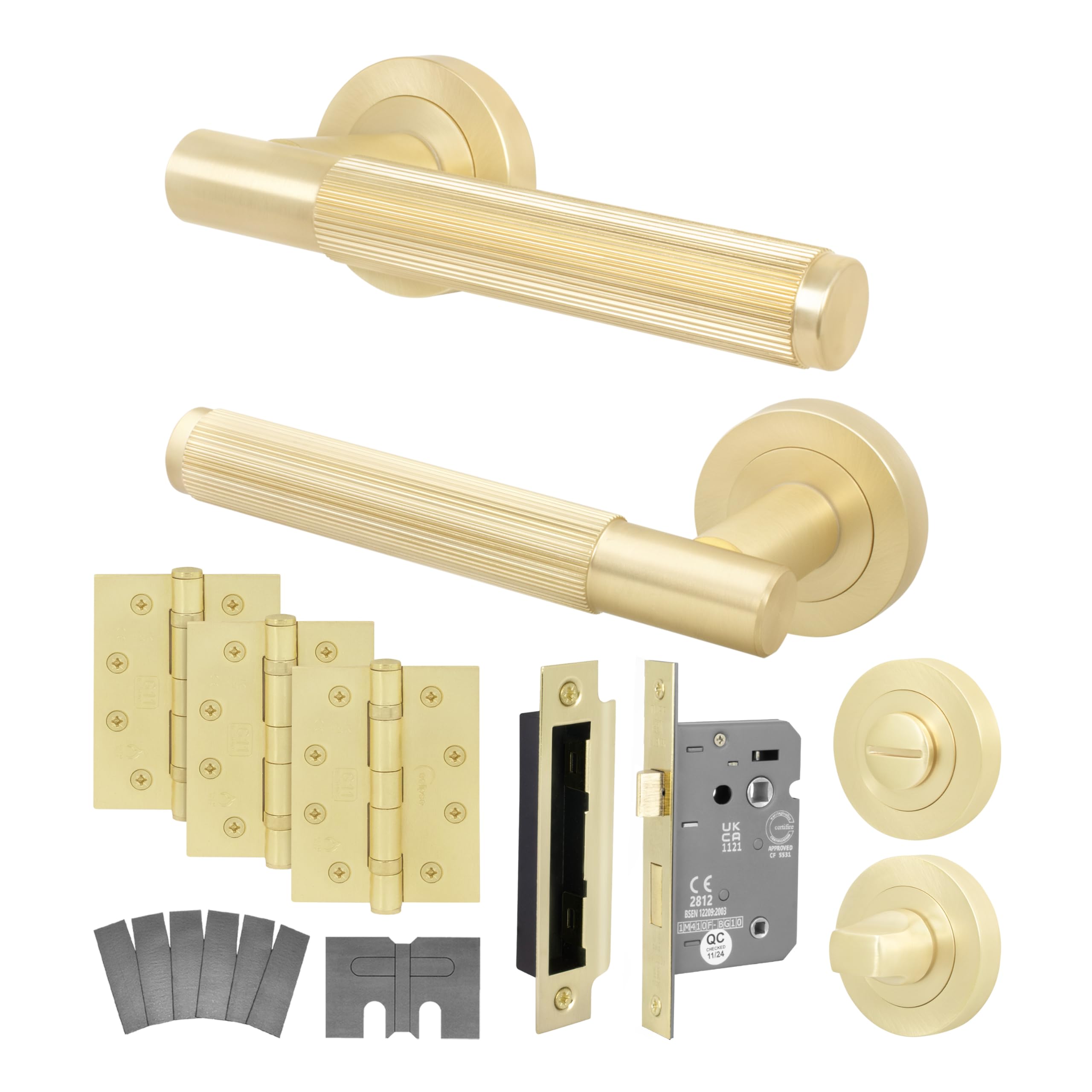 Eai Satin Brass Brass Fire Door Handle Bathroom Set, Internal Fire Rated Door Handle With 80Mm Bathroom Lock And 102Mm Hinges, Oruro Range 1 Pack