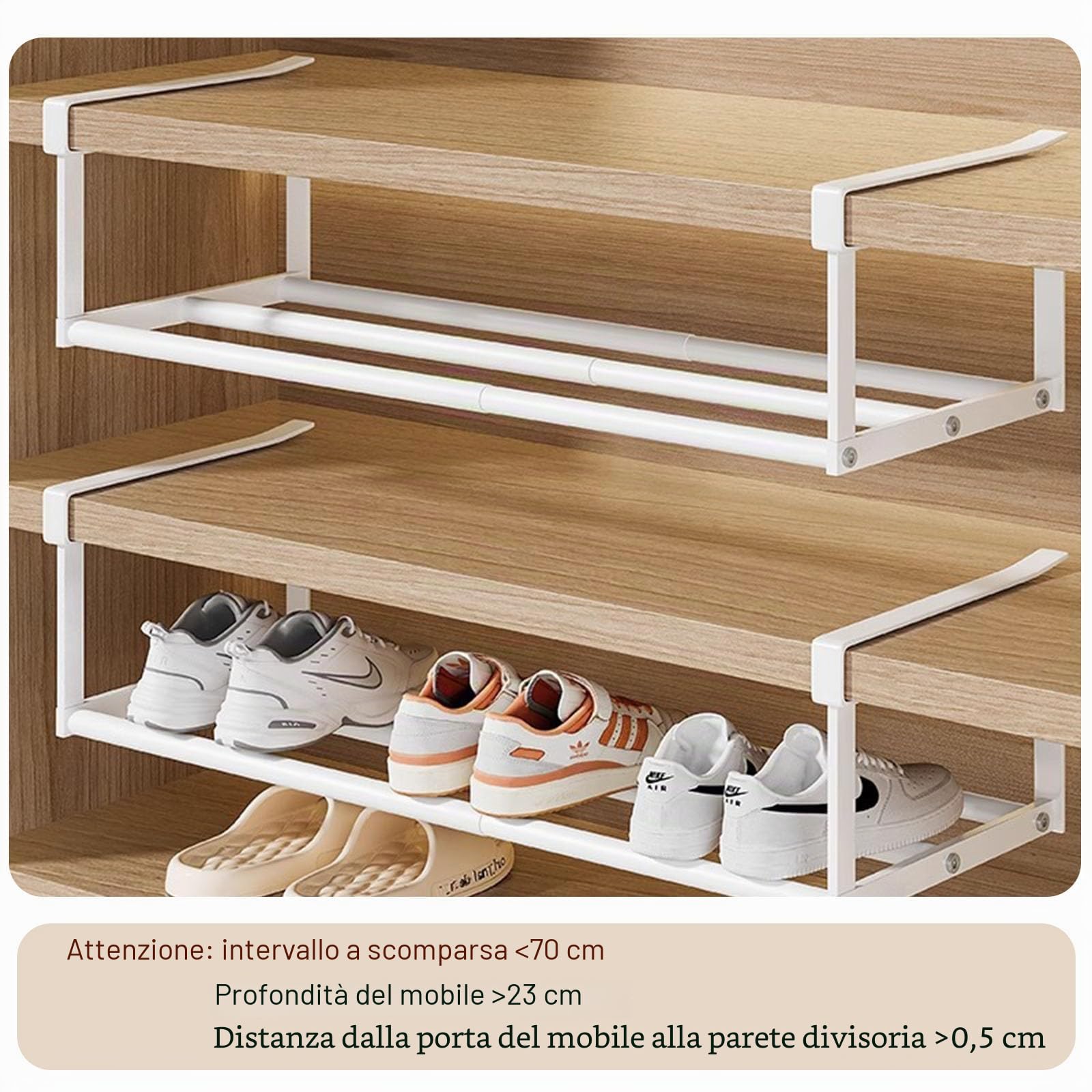 ViWaVee Scarpiera Appendibile Per Armadio, Estendibile Da 40 cm a 70 cm, Ideale Per Organizzare Armadio In Cucina O Nella Conservazione Degli Indumenti. (Bianco-1 articolo)