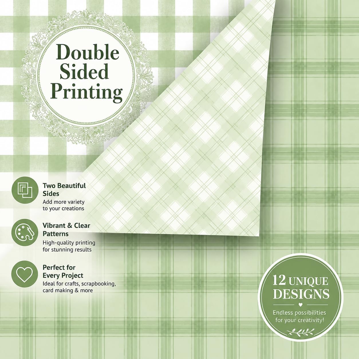 24 Sheets Sage Green Scrapbook Paper 12 Designs Gingham Double Sided Plaid Pattern Scrapbook Paper For DIY Crafts Scrapbook Photo Album Decor,12x 12Inch