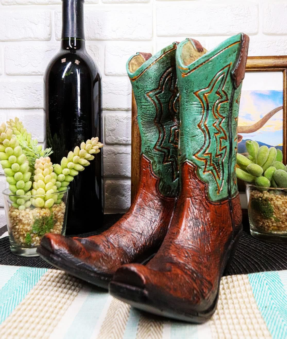 Ebros Gift Western Rustic Teal Green Faux Tooled Leather Cowboy Cowgirl Boots Recipe Book Picture Frame Cell Phone Holder Figurine Desktop Easel Stand Electronic Device Boot Organizer