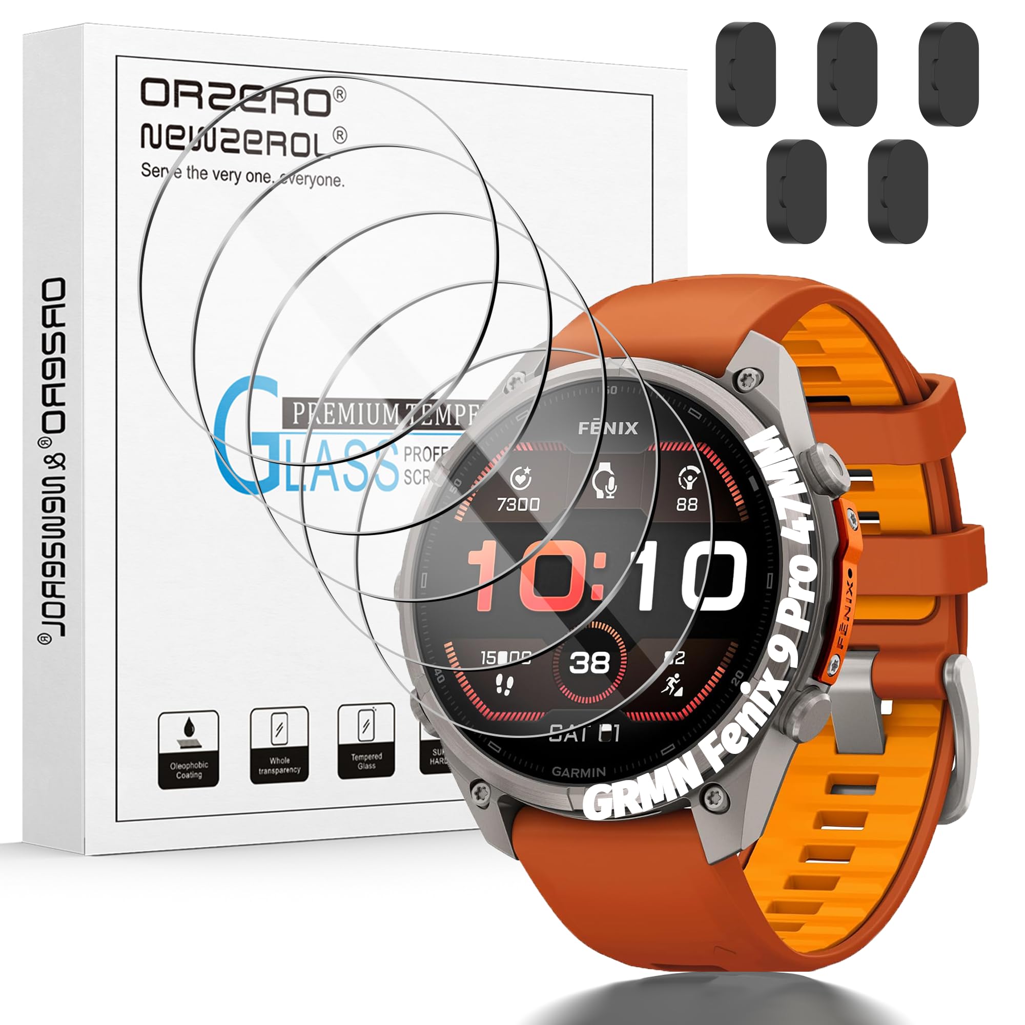 Orzero (5+5 Pack) Compatible for Garmin Fenix 9/9 Pro/9 Pro Solar 47mm, 5 Pack 9H Tempered Glass Watch Screen Protectors with 5 Pack Black Silicone Charging Port Dust Plugs, Anti-Scratch, Bubble-Free