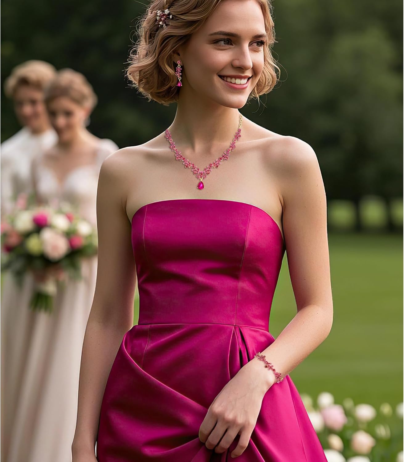 BriLove Bridal Jewelry Set for Women,Shiny Rhinestone Teardrop Leaf Cluster Statement Necklace Dangle Drop Earrings Link Bracelet for Wedding Party Prom Accessories