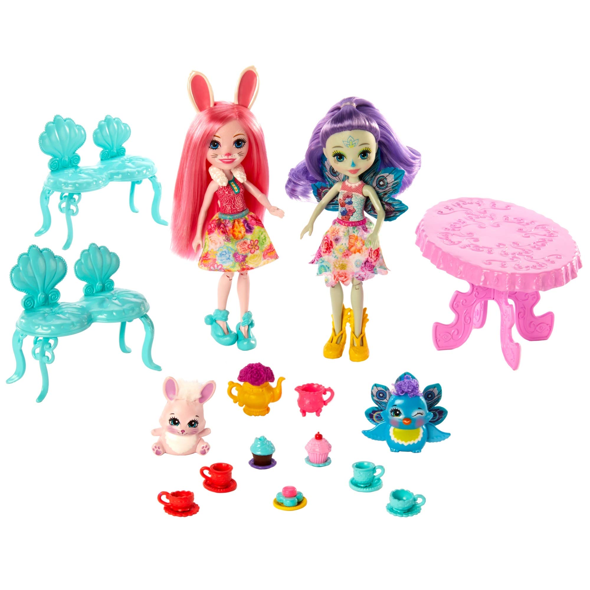 Mattel Enchantimals Tasty Tea Party Playset with Bree Bunny, Patter Peacock Dolls (6-inch), and Animal Friend Figures, with Table, 2 Benches, and 15+ Accessories, Great Gift for 3 – 8 Year Olds