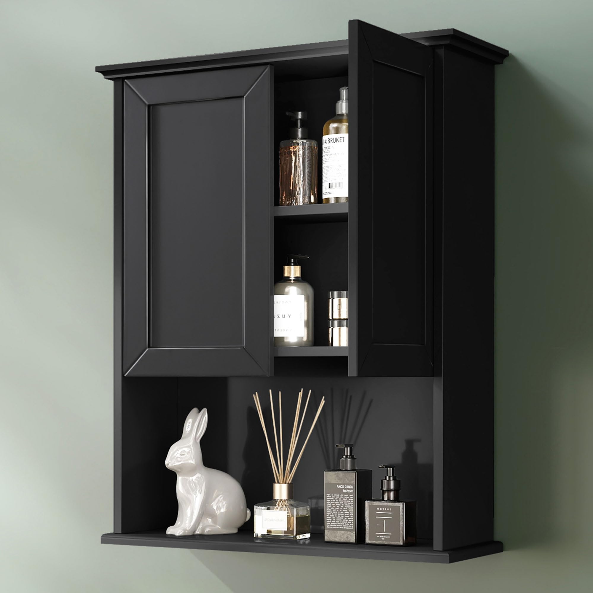 OONNEE Bathroom Wall Cabinet Black Wall Mounted Wood Medicine Cabinets, Over Toilet Storage Cabinet with 2 Doors, Adjustable Shelf, Soft Hinge Wall Hanging Cabinet
