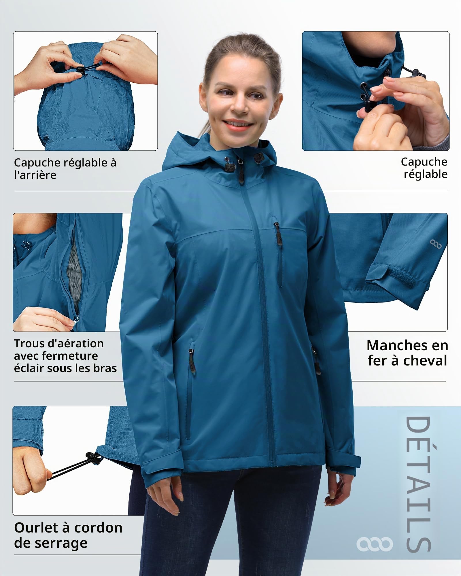 33,000ft Veste de pluie Femmes, imperméable imperméable léger avec manteau respirant emballable à capuche idéal pour la course à pied et à la randonnée(Bleu profond-DE44/FR46)